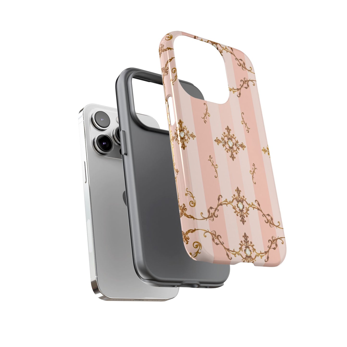 Elegant Floral Phone Case, Tough Cases for Women, Trendy Phone Cover, Chic Gift - Pink Jeweled Striped Gold Baroque