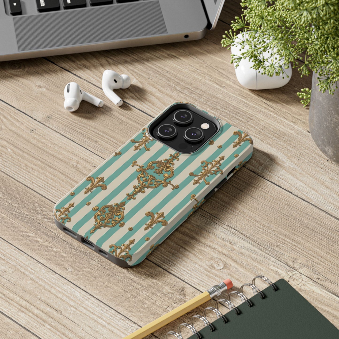 Elegant Striped Phone Case with Vintage Design, Tough Phone Cover, Stylish Smartphone Case - Matte Green Striped Rococo