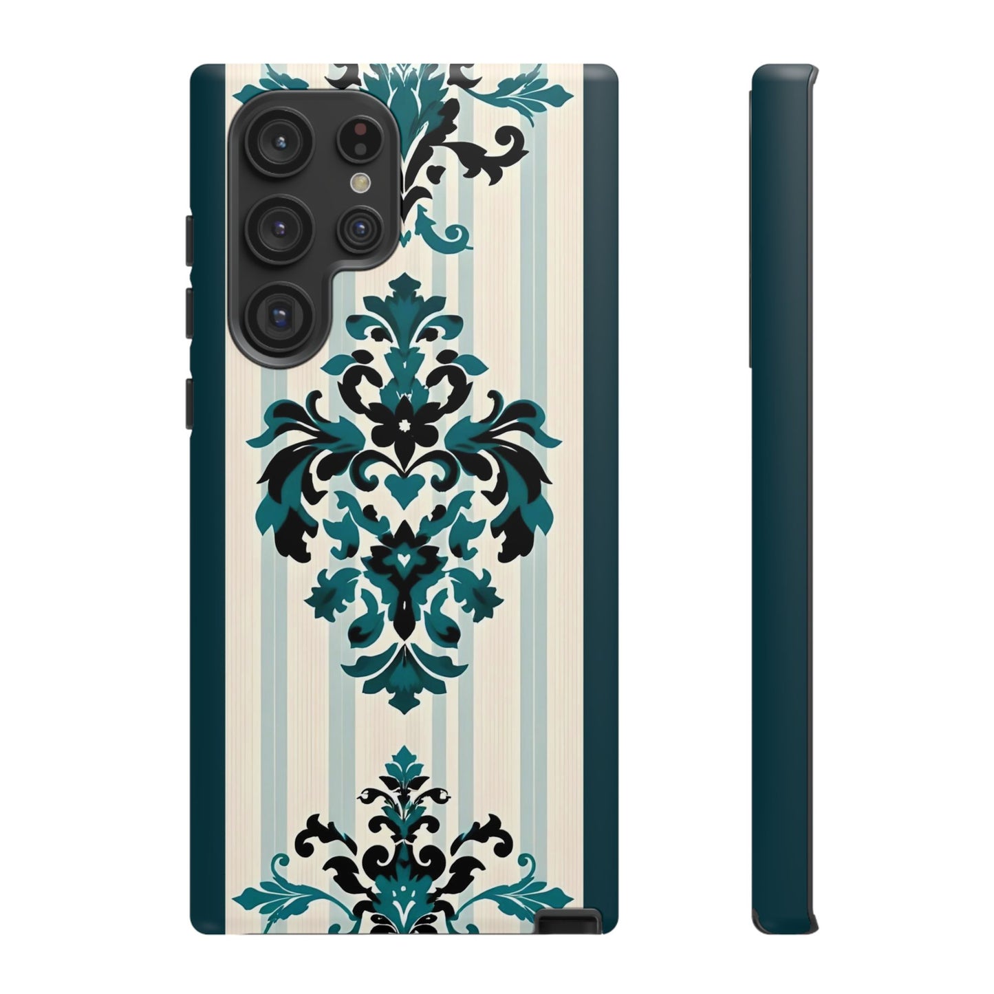 Elegant Floral Phone Case - Tough Cases with Vintage Design - Teal Striped Damask