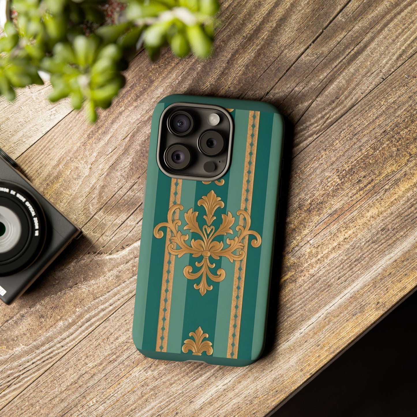 Elegant Floral Motif Phone Case - Tough Cases with Vintage Design - Teal Striped Gold Damask