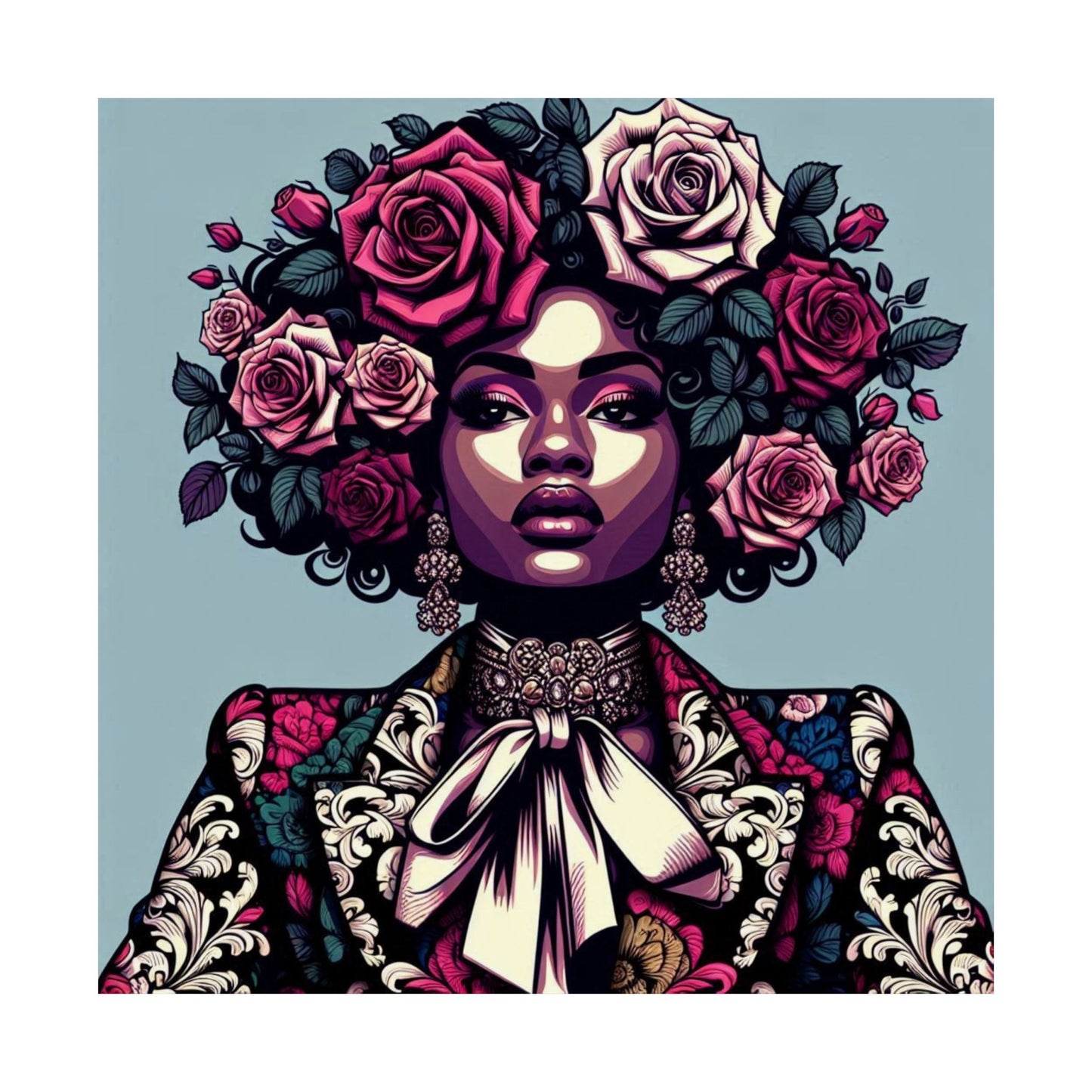 Floral Afro Art Poster - Elegant Matte Vertical Wall Decor - Lady In Damask Suit & Roses
