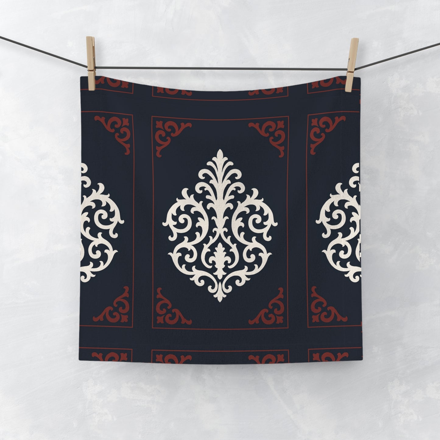 Dusk Blue-Maroon & White Baroque Face Towel — Dusk Blue & White Decorative Hand Towel