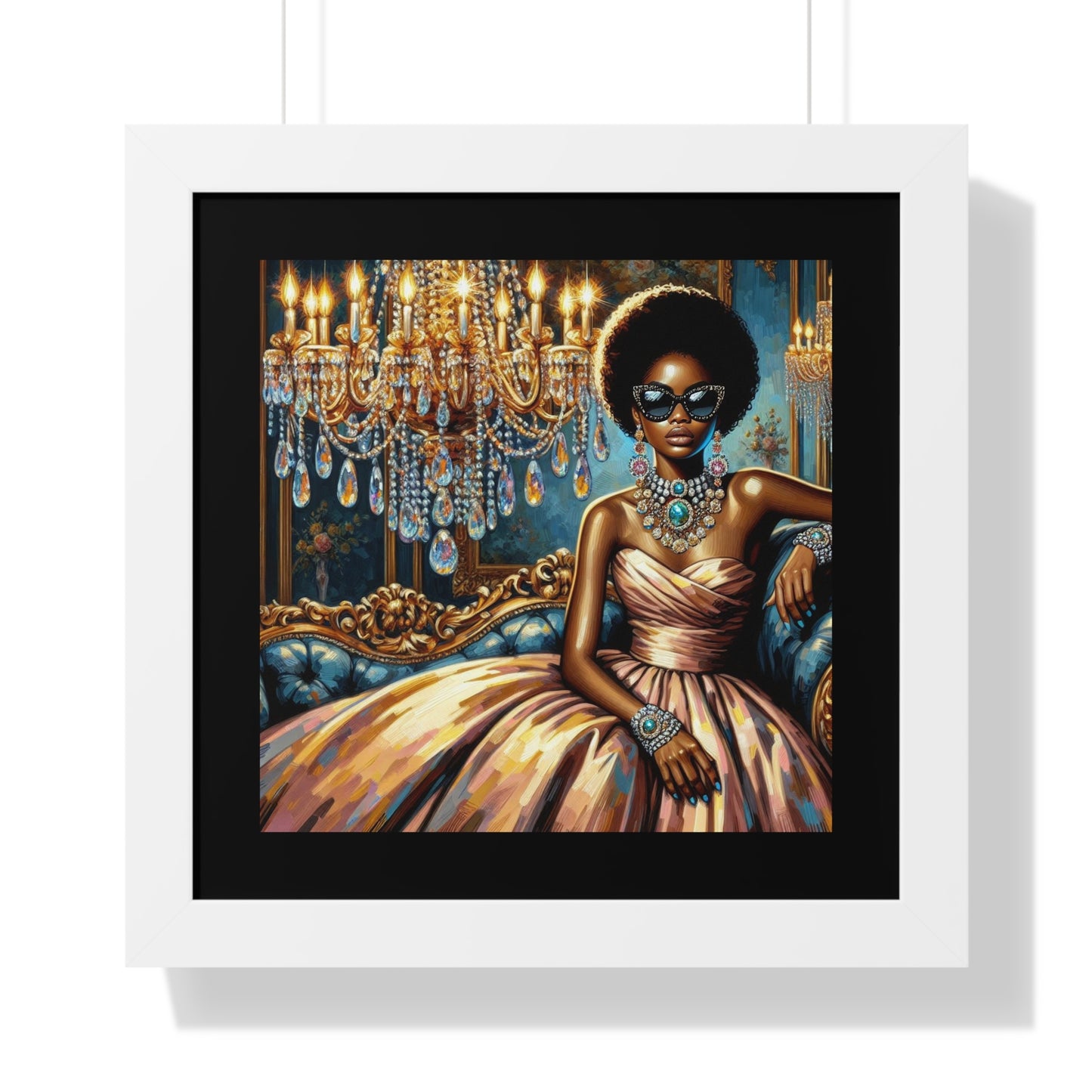 Elegant Framed Art Print | Chic Home Décor, Wall Art for Living Room, Unique Gift, Glamorous Aesthetic, Fashionable - Elegant Lady & Chandelier