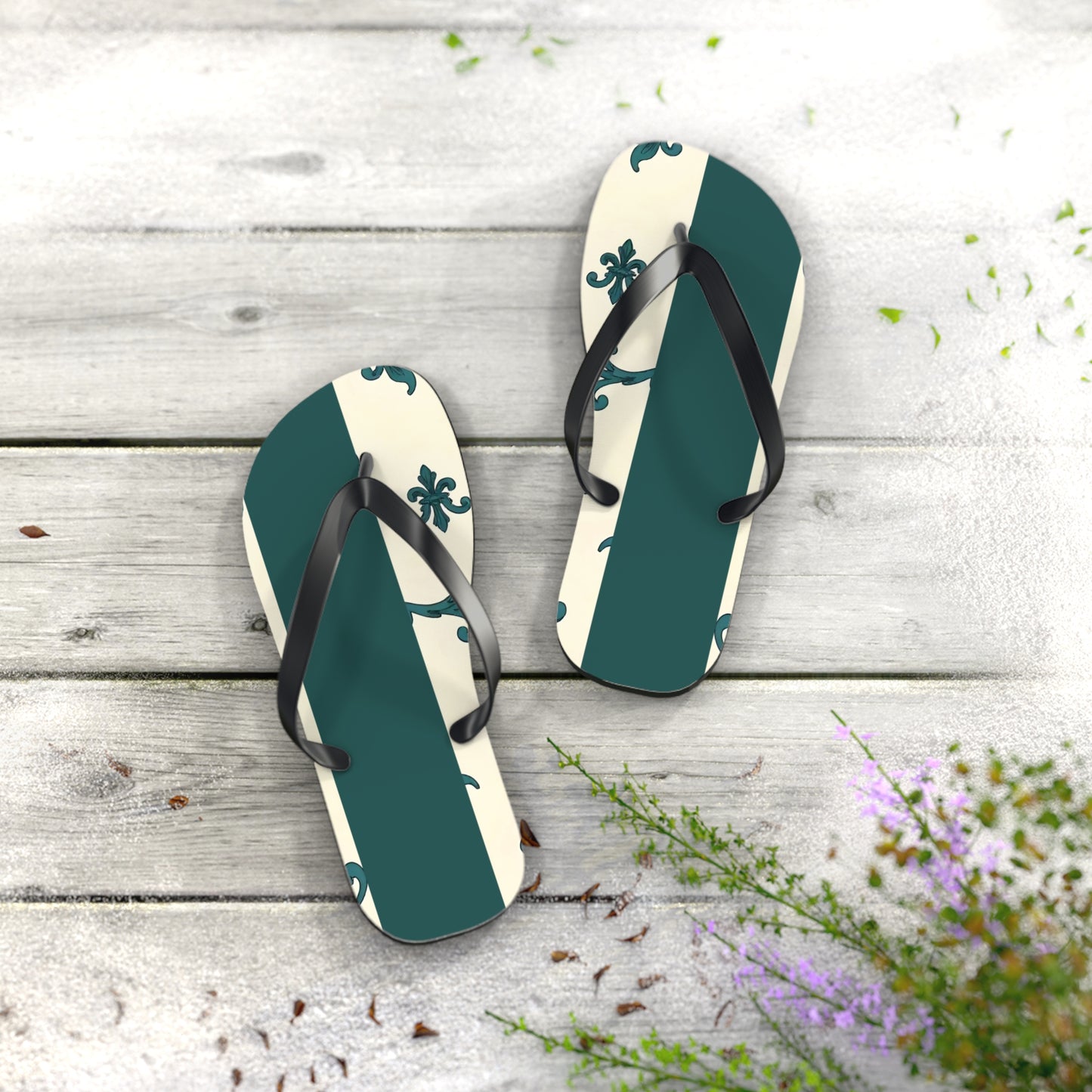 Stylish Summer Flip Flops, Trendy Beach Footwear, Casual Summer Sandals, Vacation Accessories, Eco-Friendly Summer Shoes - Teal Striped Rococo