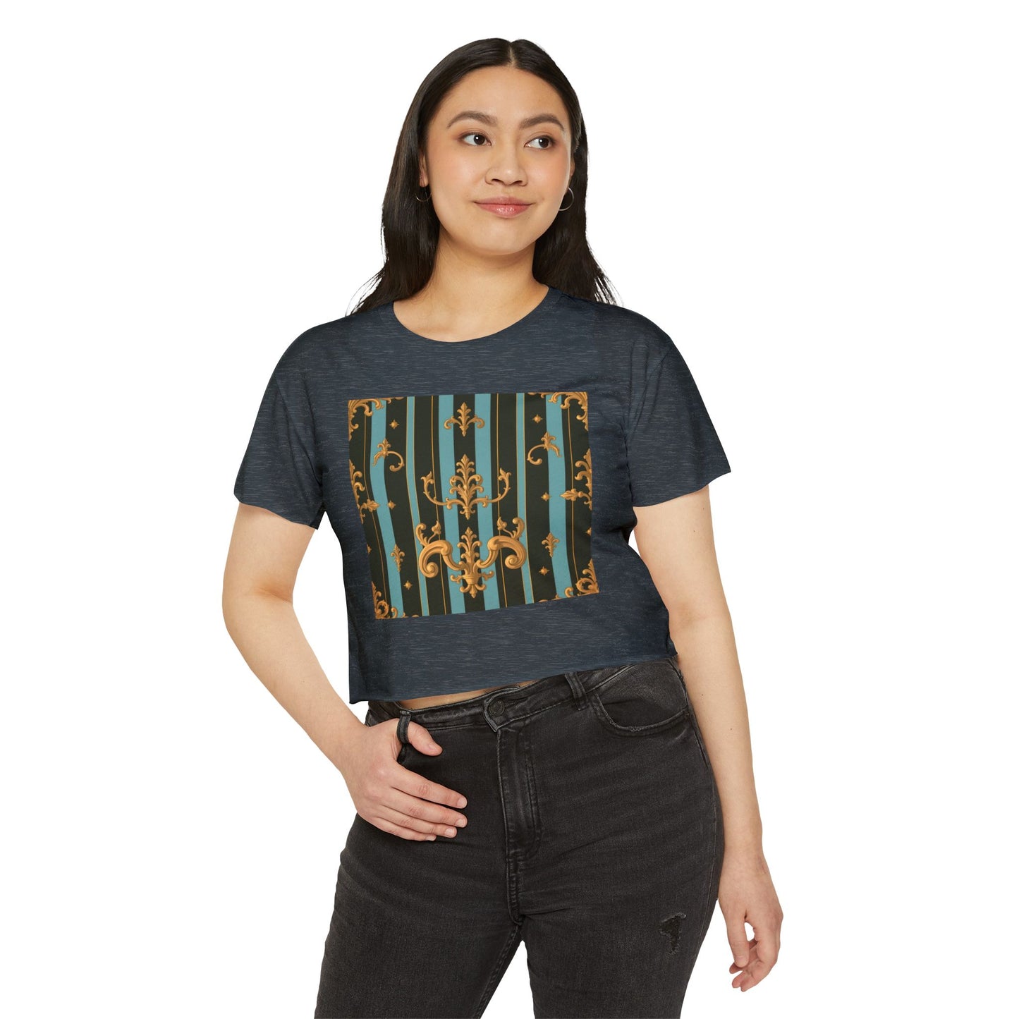 Boho Festival Crop Top, Trendy Summer Top, Stylish Women’s Crop Tee, Perfect for Music Festivals, Casual Wear - Black & Turquoise Striped Baroque