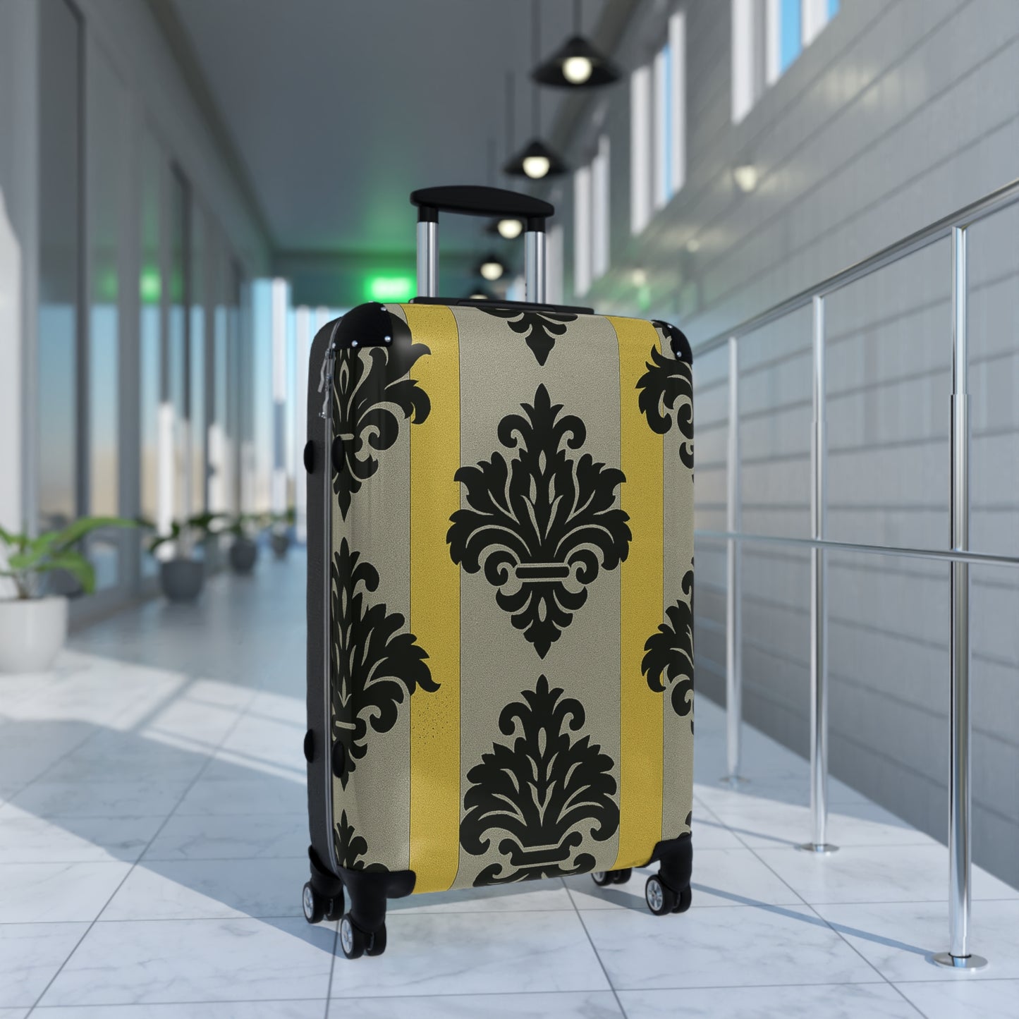 Chic Traveler Suitcase with Elegant Design for Stylish Adventures, Black Luggage, Travel Essential - Silver & Gold Striped Black Baroque
