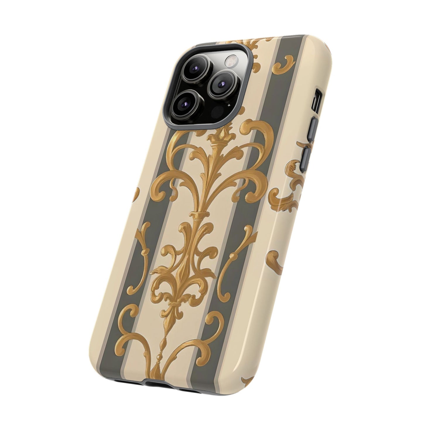 Elegant Floral Motif Phone Case - Tough Cases with Vintage Design - Dusk Olive Striped Gold Damask