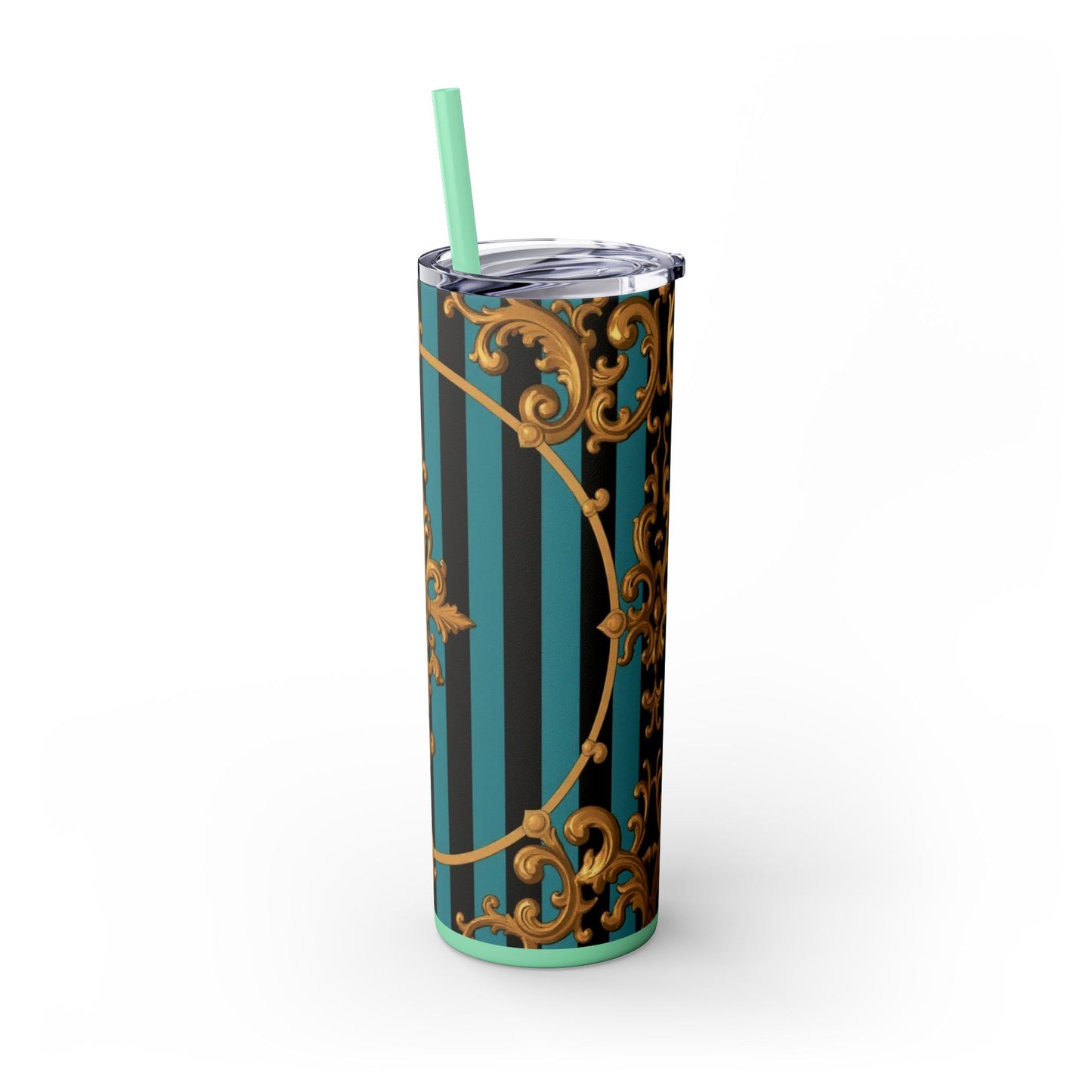 Elegant Turquoise & Black Striped Gold Baroque Skinny Tumbler with Straw, 20oz, Stylish Travel Mug, Party Favor, Birthday Gift, Drinkware