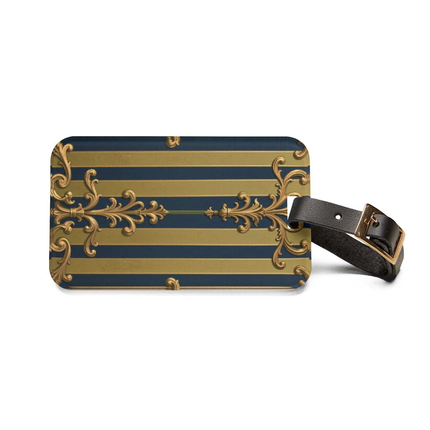Midnight Blue & Olive Striped Gold Baroque Vintage-Inspired Luggage Tag, Travel Accessory, Suitcase Identifier, Gift for Travelers, Stylish Travel Tag