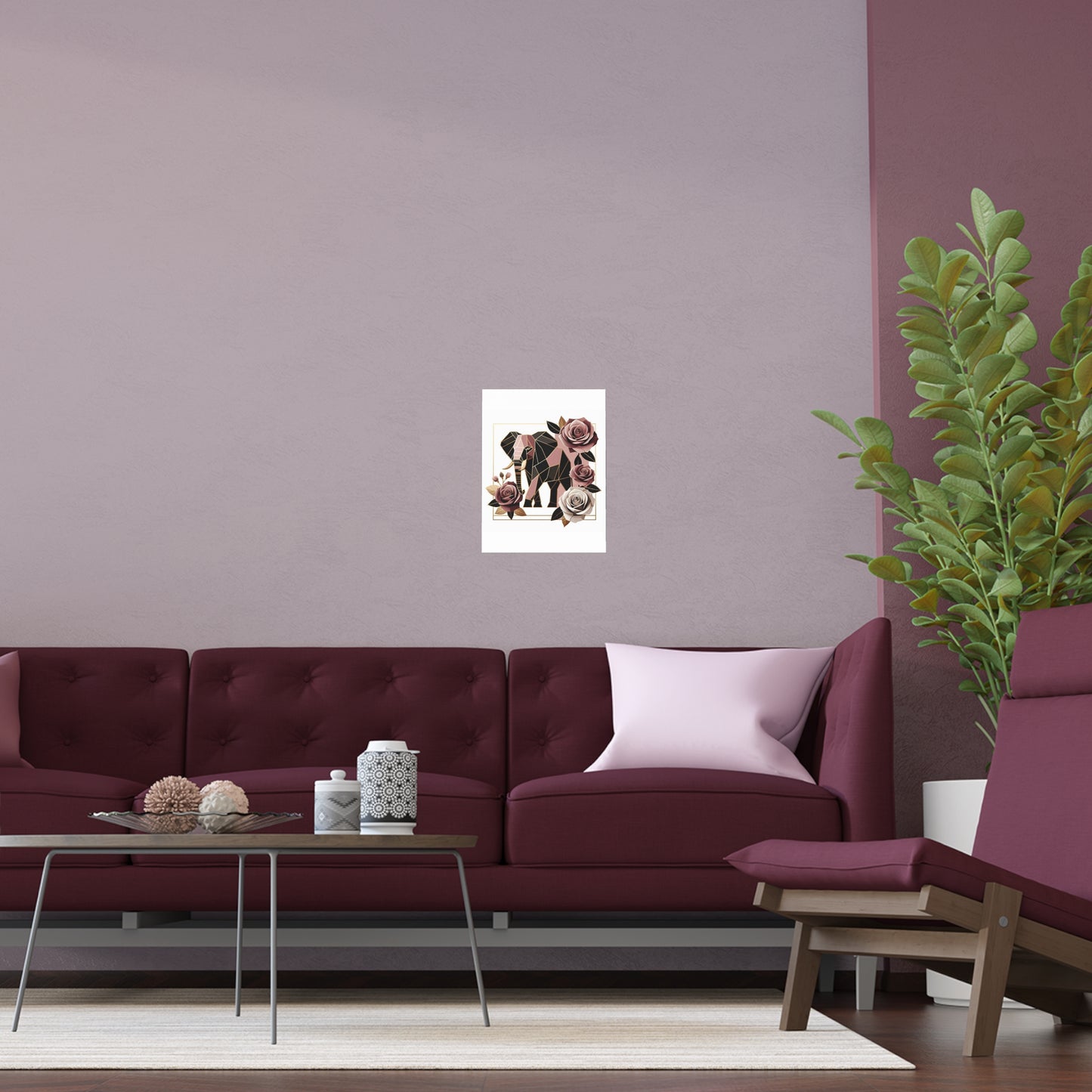 Elegant Floral Silk Poster - Indoor/Outdoor Wall Art for Home Decor - Brown & Mauve Elephant & Roses
