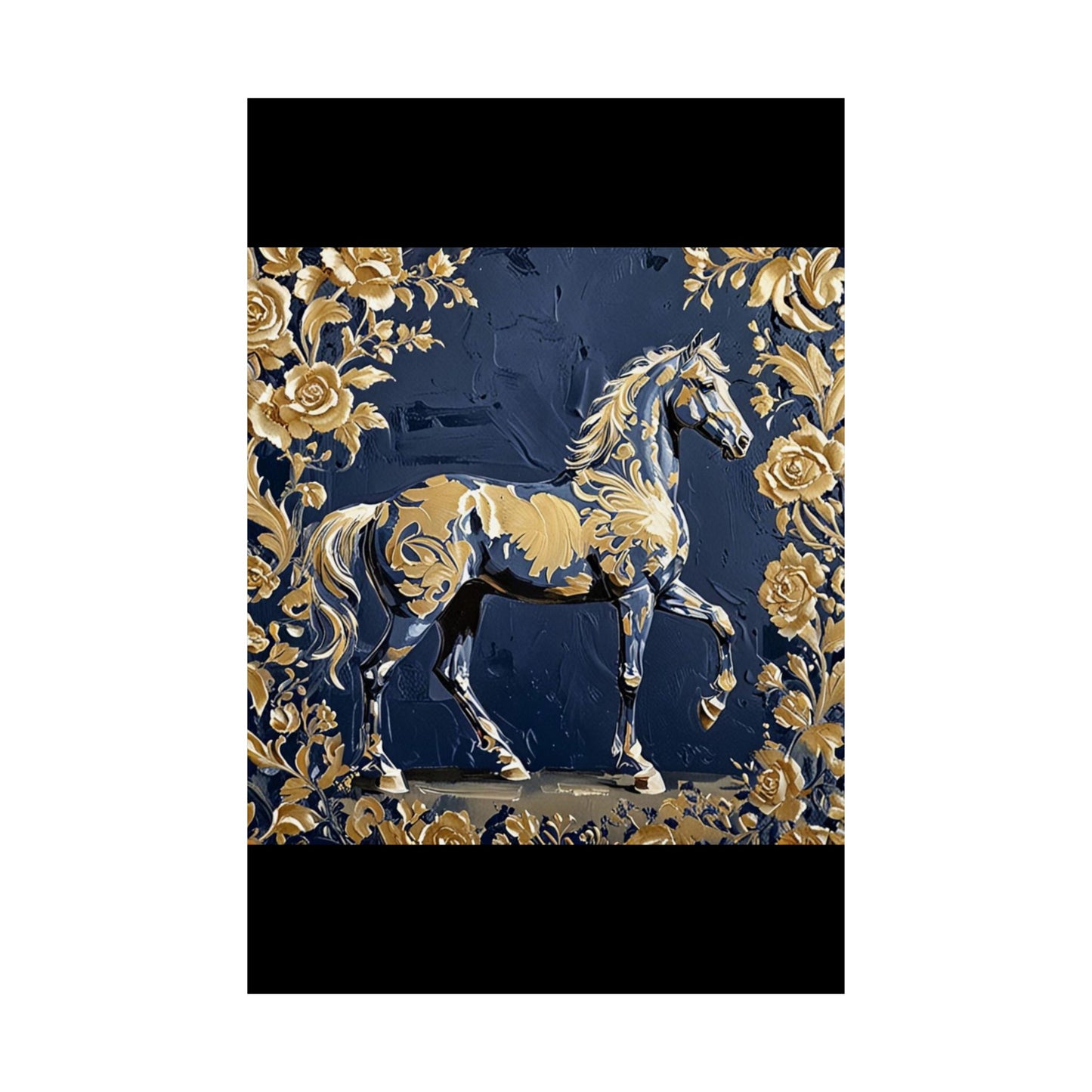 Floral Motif Art Poster - Elegant Matte Vertical Wall Decor - Midnight Blue & Gold Damask Horse