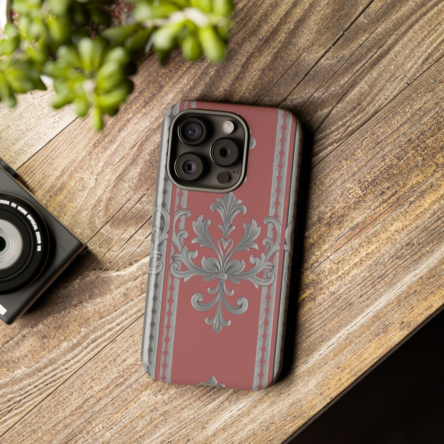 Elegant Floral Phone Case - Tough Cases for Stylish Protection - Gray & Mauve Striped Baroque