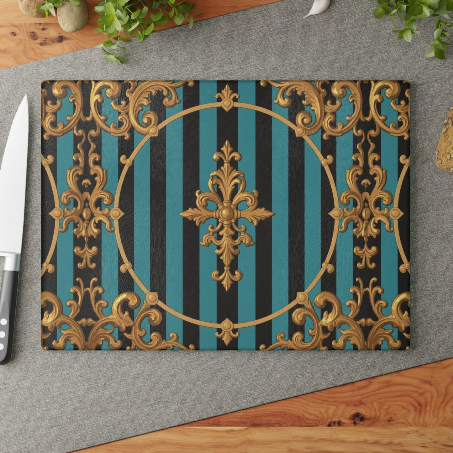 Elegant Turquoise & Black Striped Gold Baroque Decorative Glass Cutting Board | Kitchen Decor, Wedding Gift, Home Cook, Housewarming Gift