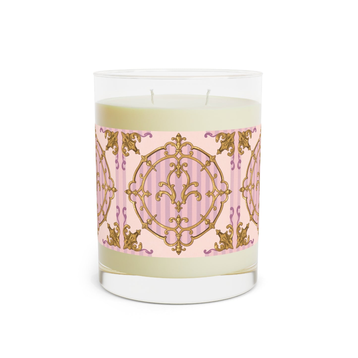 Elegant Lavender & Alabaster Striped Gold Baroque Scented Candle - Luxurious Glass 11oz Decor for Home, Gifts, Aromatherapy, Relaxation