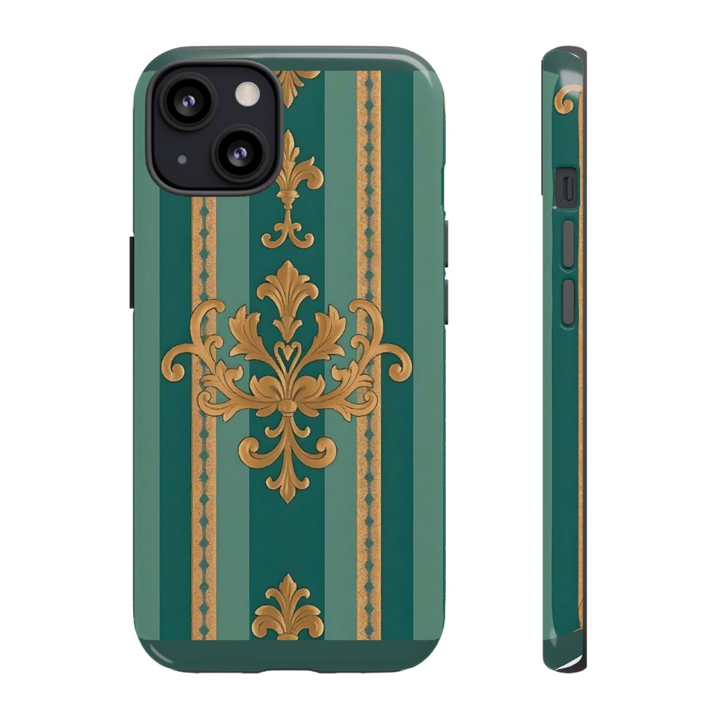 Elegant Floral Motif Phone Case - Tough Cases with Vintage Design - Teal Striped Gold Damask