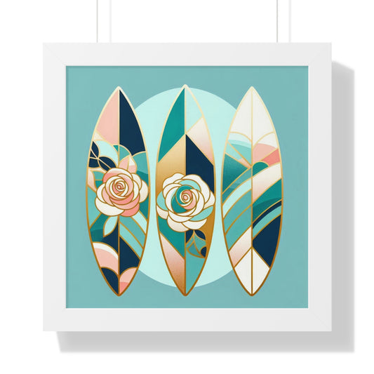 Vertical Poster - Blue, Pink & Aqua Surfboard & Roses Wall Art