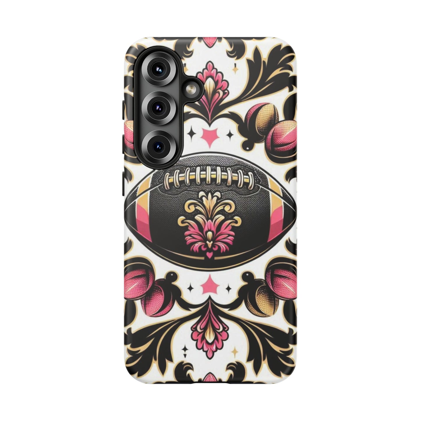 Elegant Floral Motif Phone Case - Tough Cases with Vintage Design - Damask White, Pink Gold & Black Football
