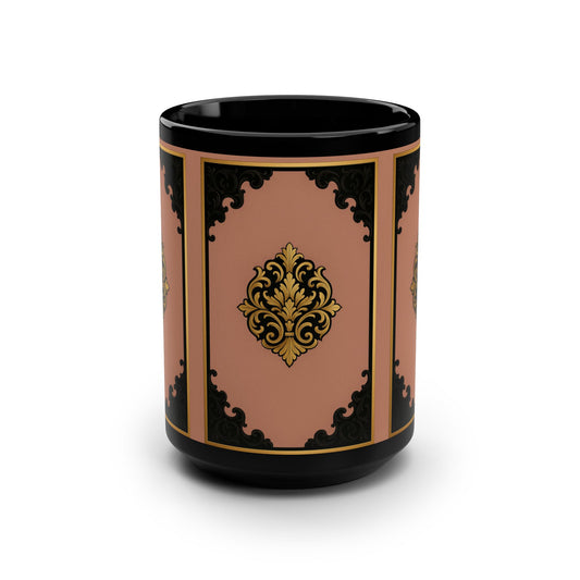Baroque Ornament Black 15oz Mug — Vintage Mauve & Black-Gold Decorative Coffee Cup
