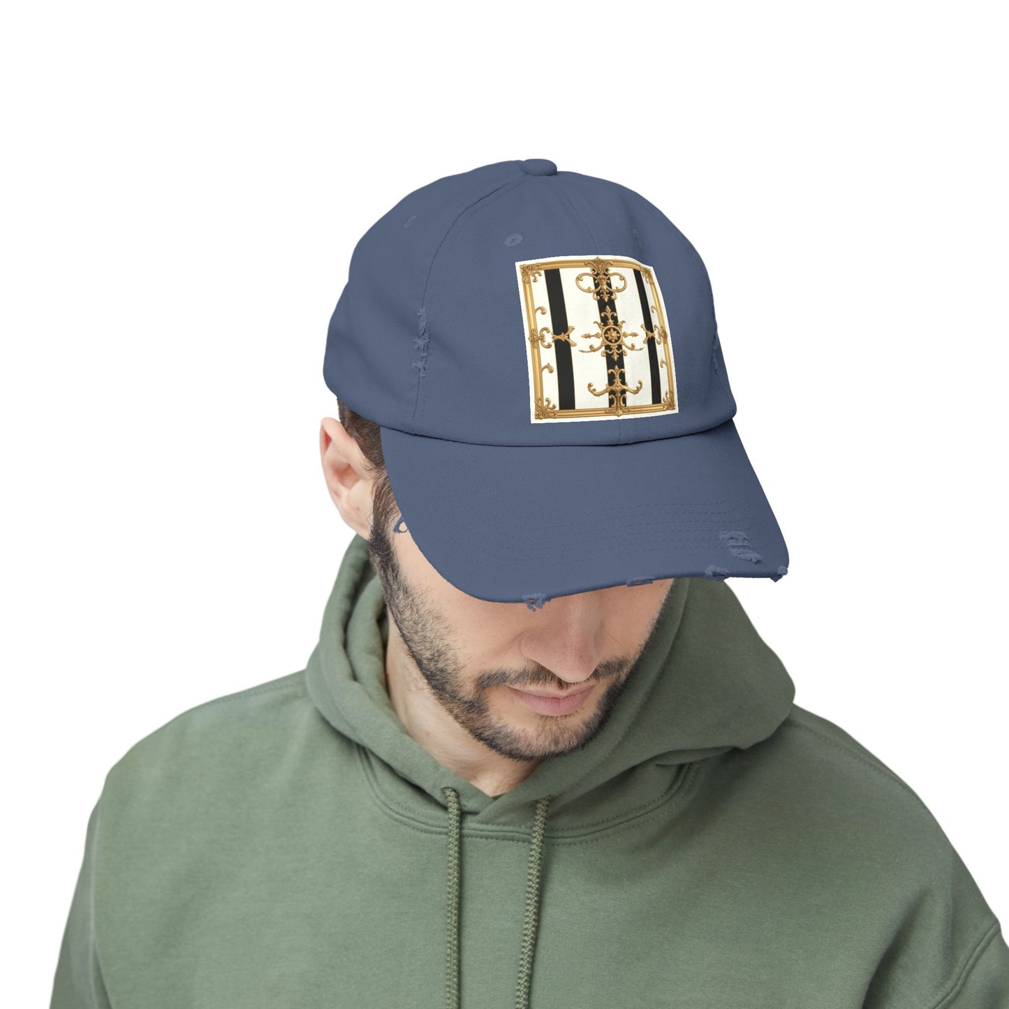 Stylish Distressed Cap with Unique Gold Design, Trendy Hat, Casual Wear, Gift for Him/Her - Black & White Striped Gold Baroque