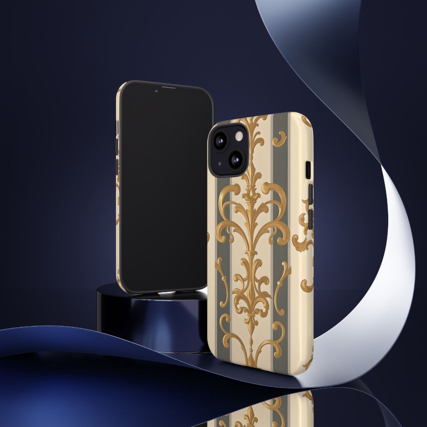Elegant Floral Motif Phone Case - Tough Cases with Vintage Design - Dusk Olive Striped Gold Damask