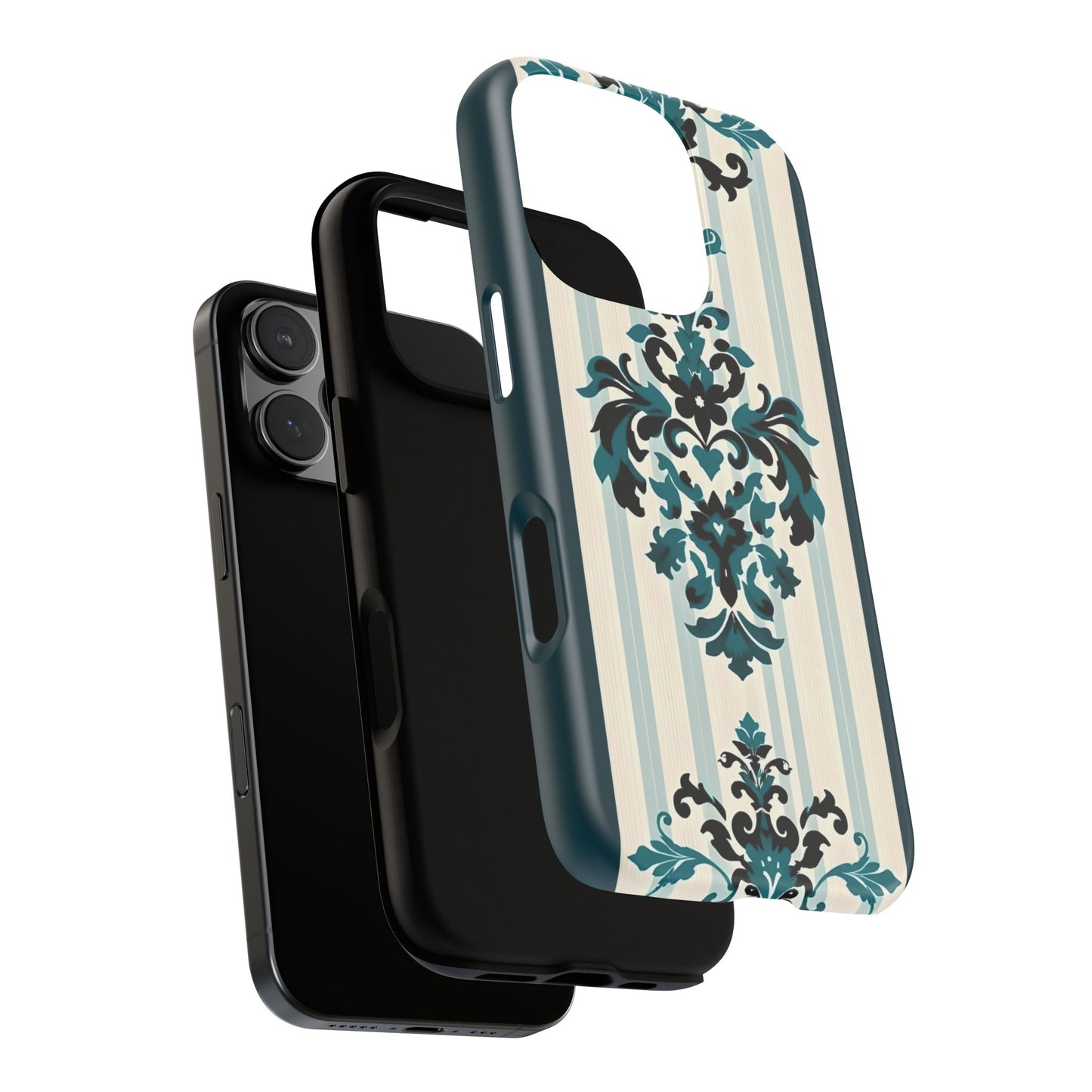Elegant Floral Phone Case - Tough Cases with Vintage Design - Teal Striped Damask