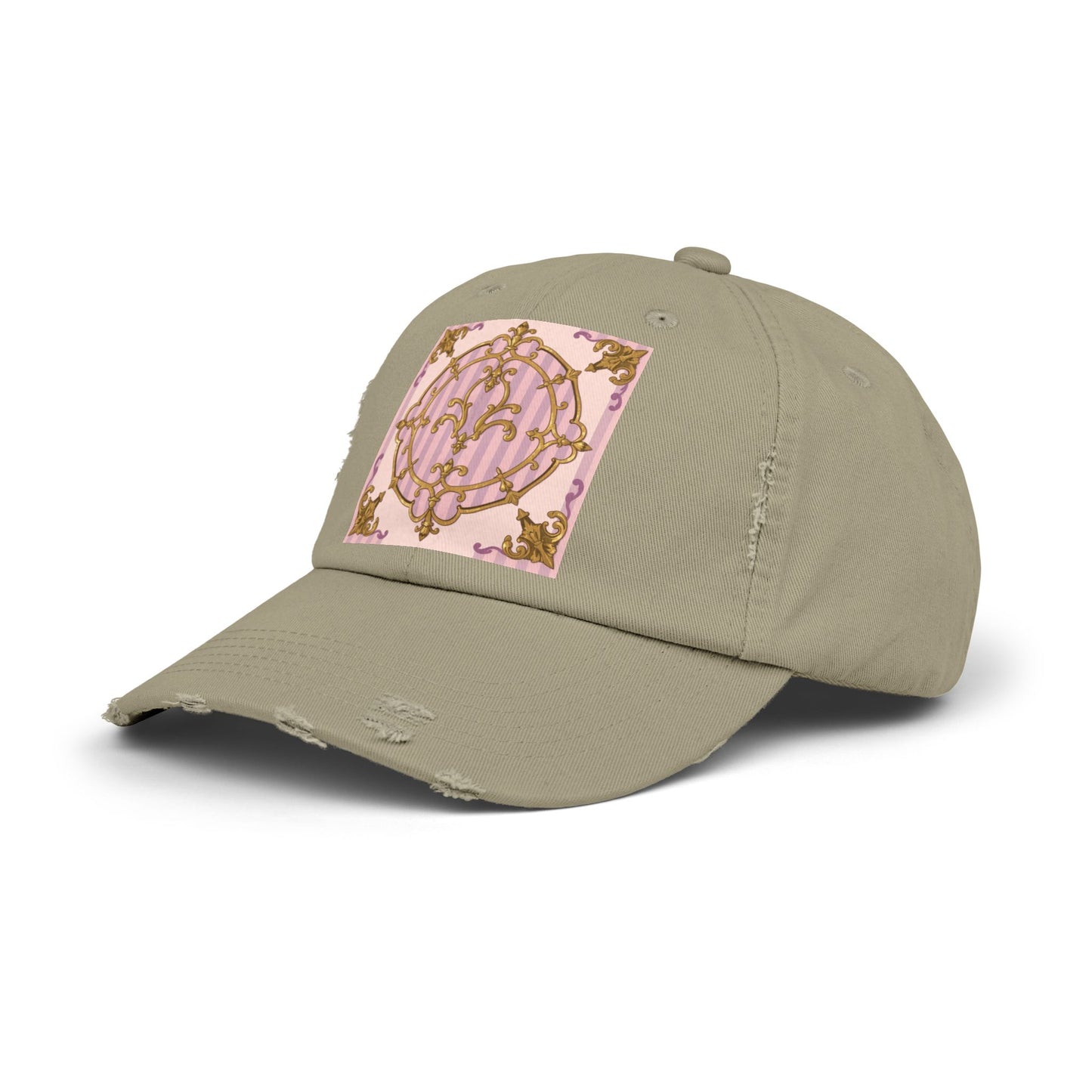 Chic Distressed Cap with Elegant Lavender & Alabaster Striped Gold Baroque Design | Casual Style, Streetwear, Gift for Her, Unique Accessory