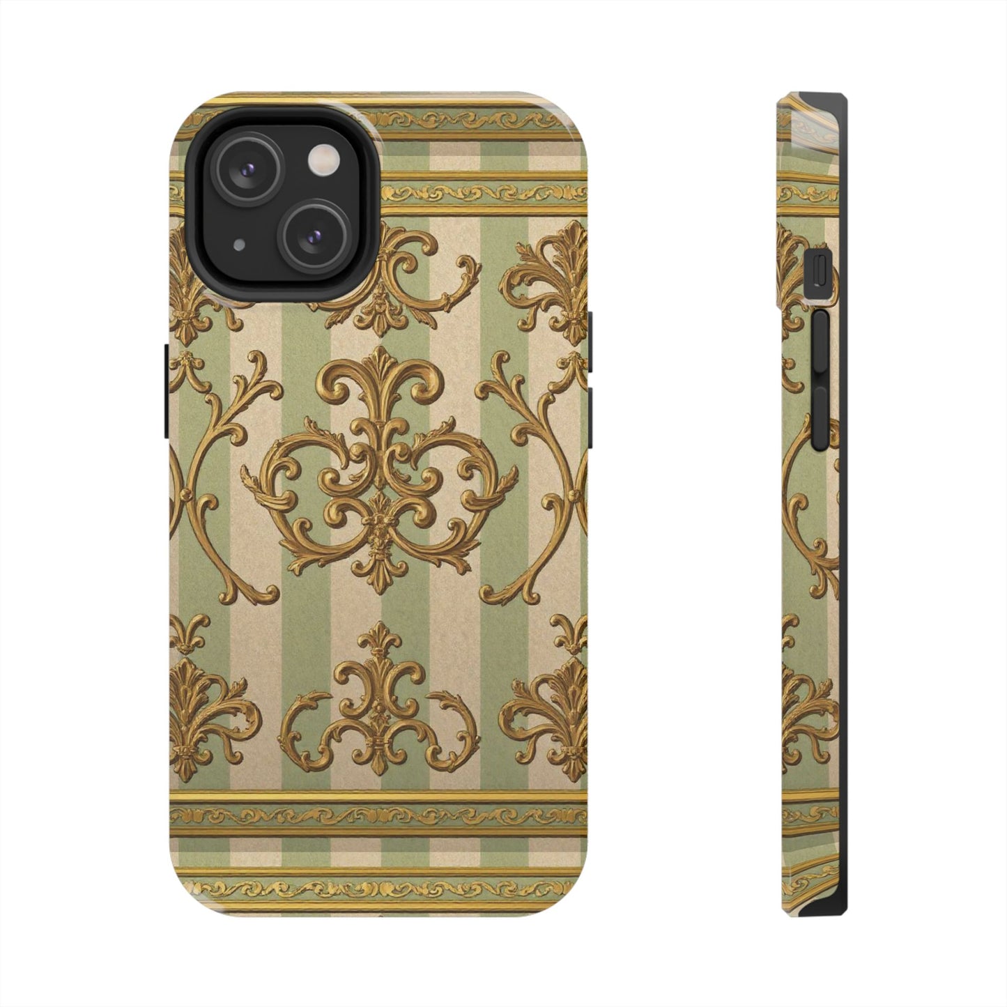 Vintage Elegance Phone Case, Tough Phone Cases for Style, Gift for Birthdays, Stylish Protection - Mint Green & Beige Striped Gold Baroque
