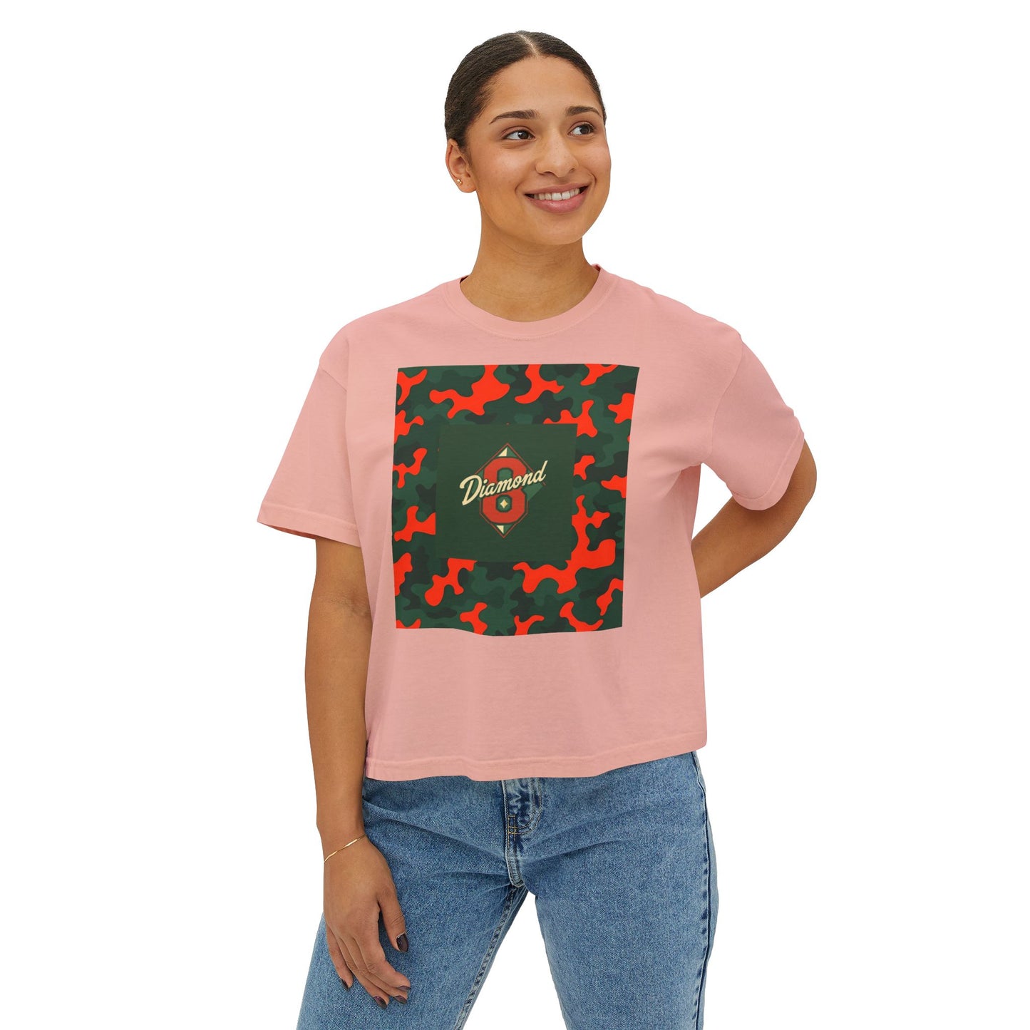 Stylish Women's Boxy Tee - Trendy Camo Print, Casual Summer Wear, Gift for Her, Streetwear Top - Green & Orange Camo Diamond 8