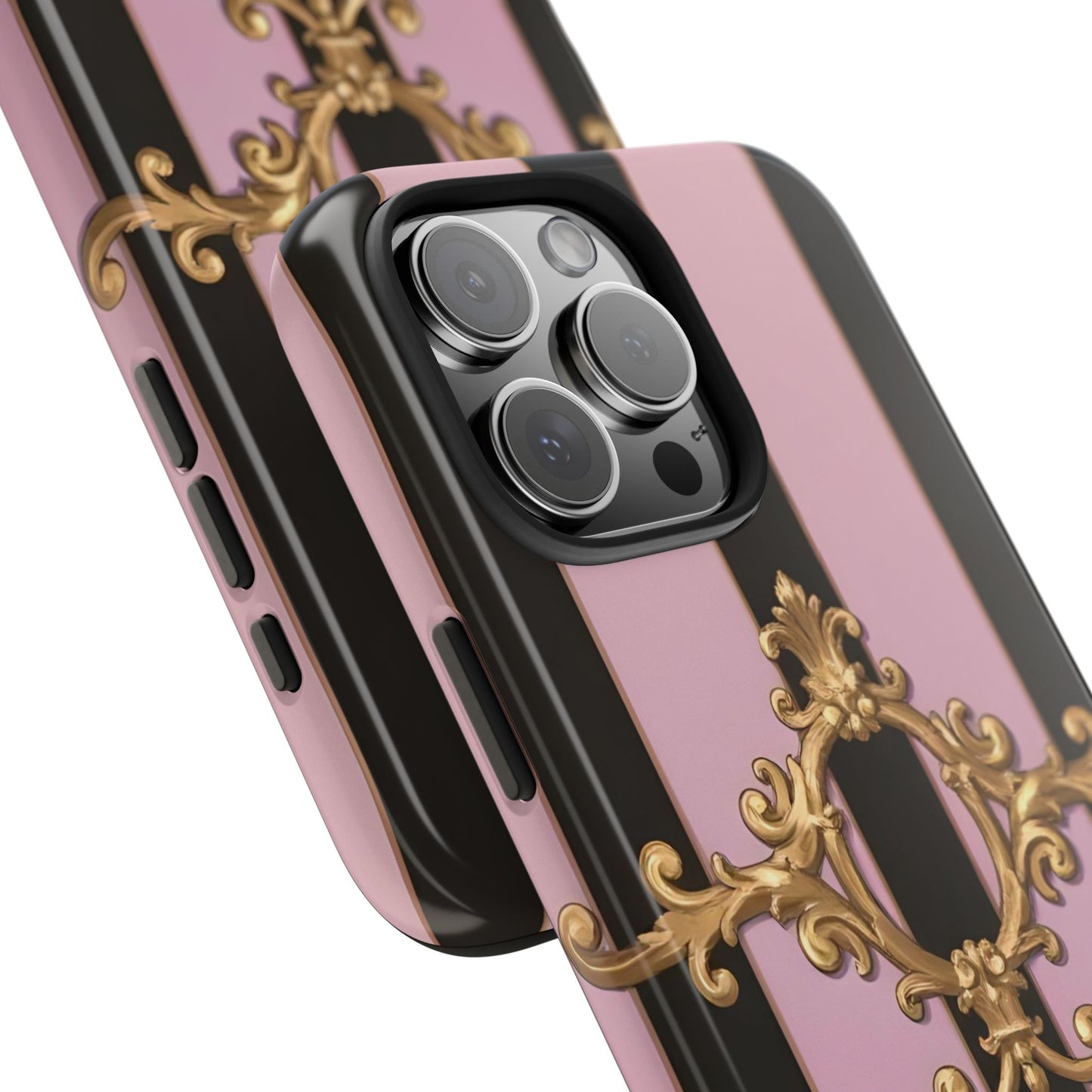Stylish Tough Phone Case for Elegant Protection, Fashionable Accessories, Smartphone Cover - Matte Lavender & Black Striped Gold Baroque