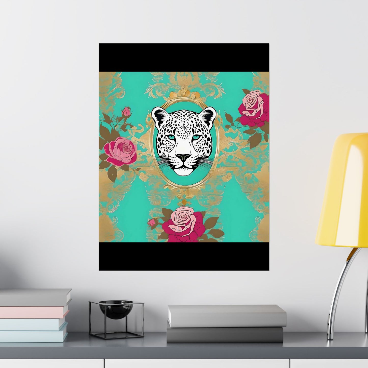 Floral Motif Art Poster - Elegant Matte Vertical Wall Decor - Leopard In Aqua With Roses