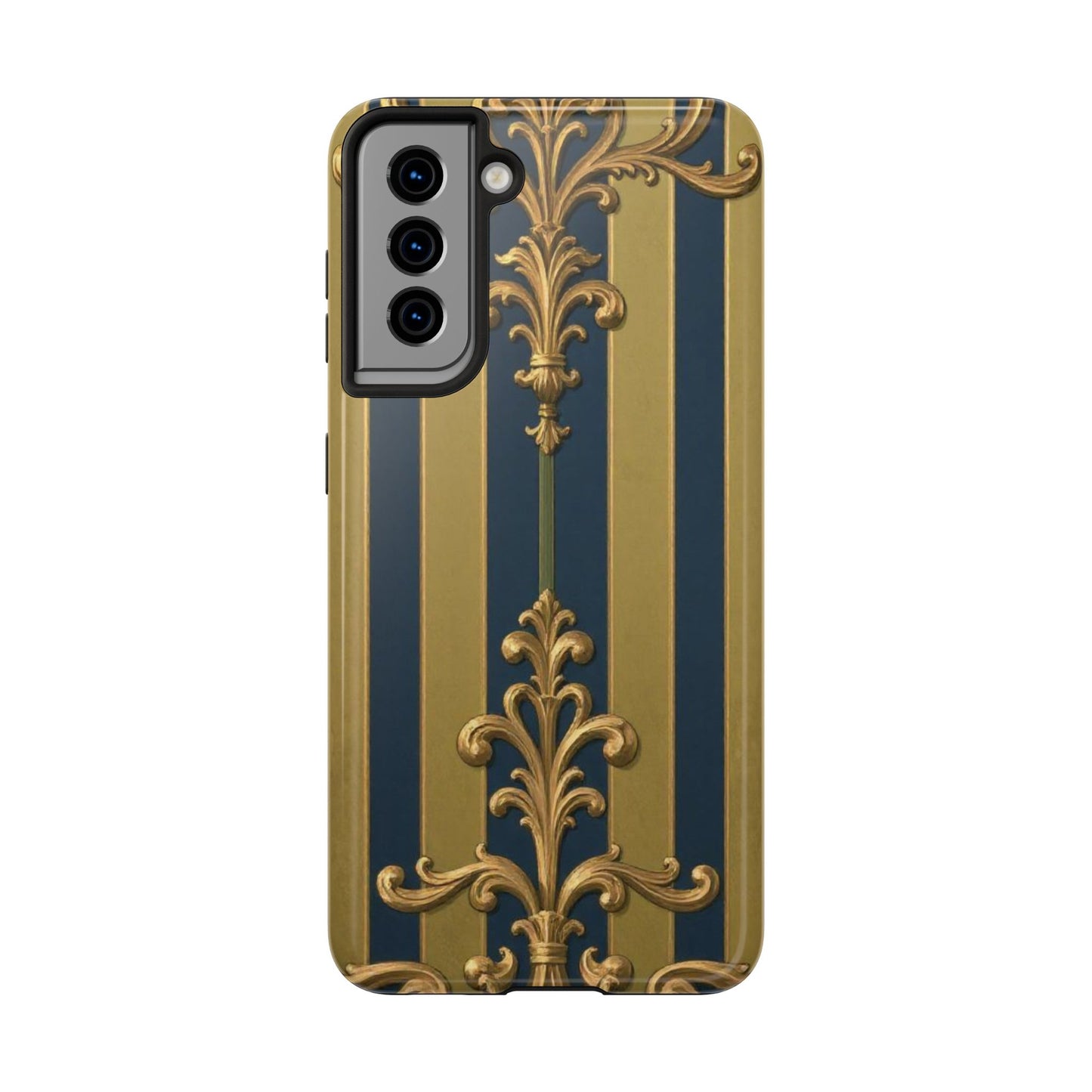 Elegant Midnight Blue & Olive Striped Gold Baroque Tough Phone Case, Phone Cover, Durable Case for Protection, Stylish Gift for Him/Her