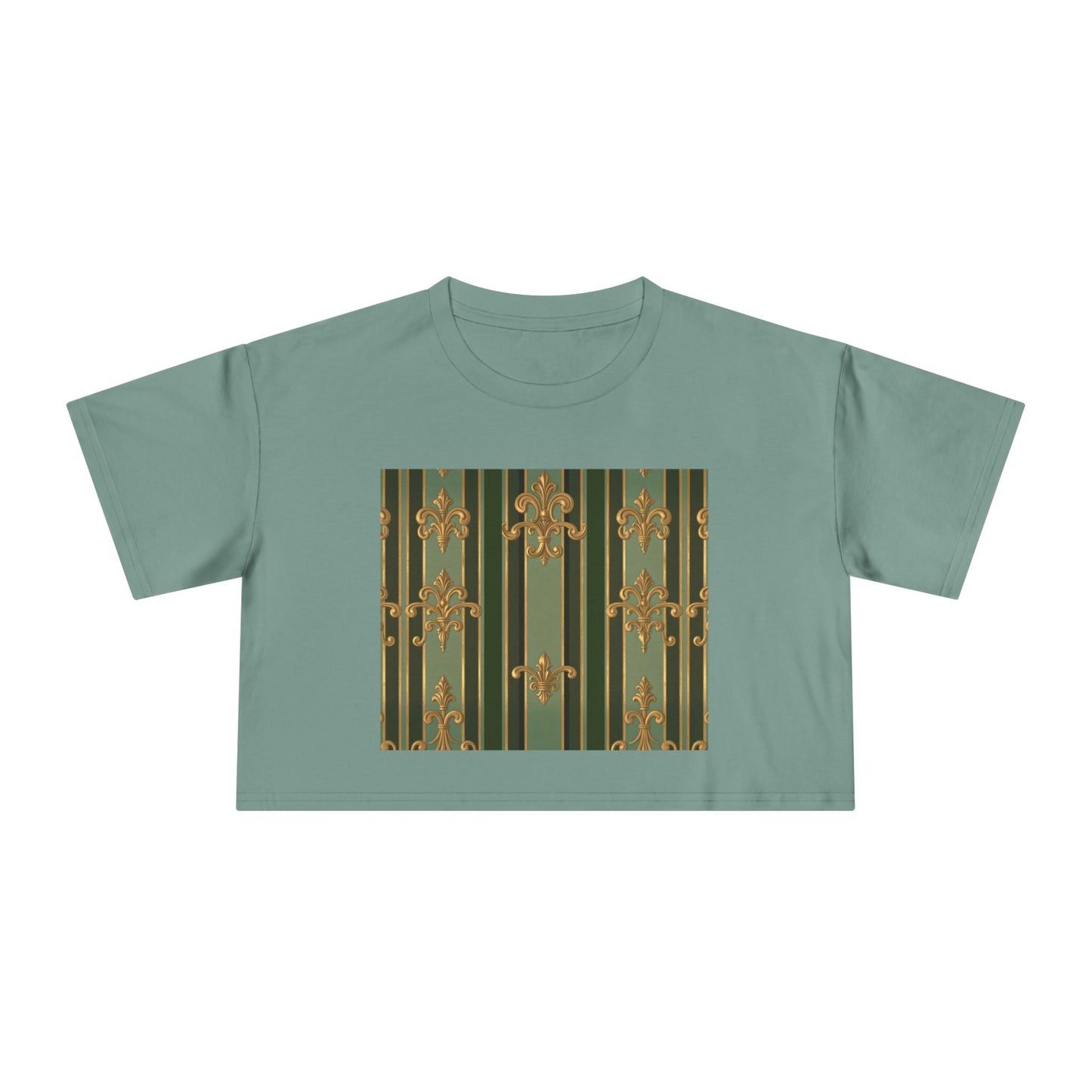 Chic Baroque Women's Crop Tee, Trendy Summer Top, Casual Outing Shirt, Stylish Layering Piece, Gift for Her - Green Striped Gold Baroque