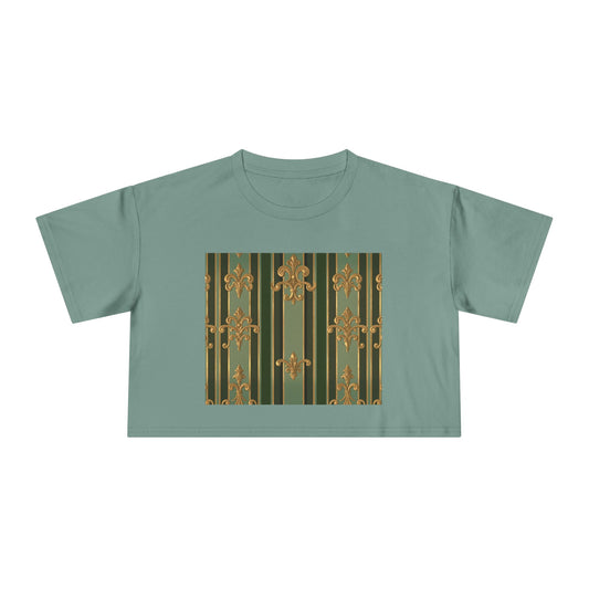 Chic Baroque Women's Crop Tee, Trendy Summer Top, Casual Outing Shirt, Stylish Layering Piece, Gift for Her - Green Striped Gold Baroque