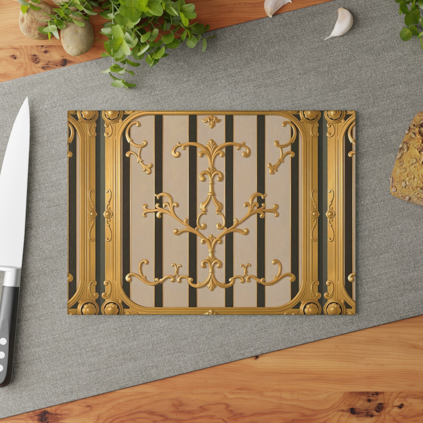 Elegant Decorative Glass Cutting Board | Kitchen Gifts, Home Decor, Wedding Registry, Unique Kitchenware - Beige Striped Gold Rococo
