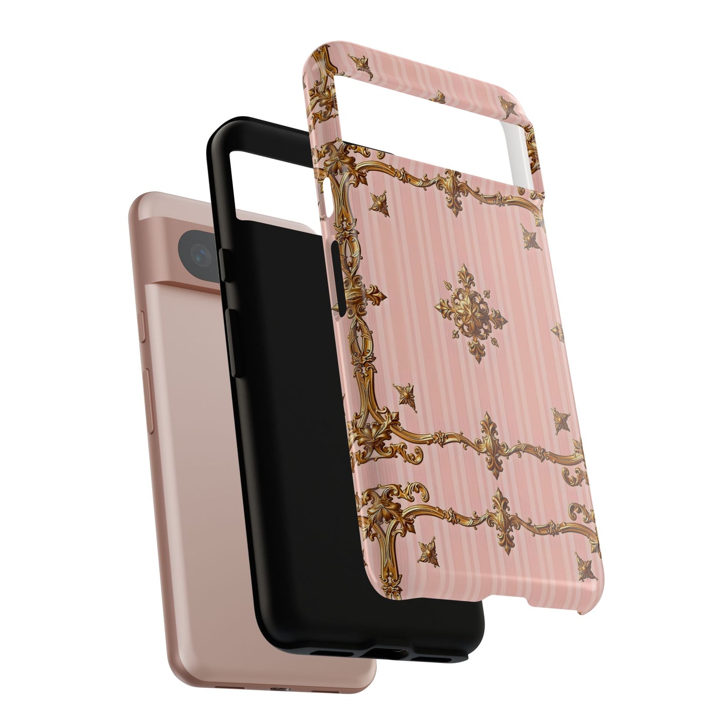 Elegant Floral Phone Case, Tough Cases for Women, Trendy Phone Cover, Chic Gift - Pink Striped Gold Baroque