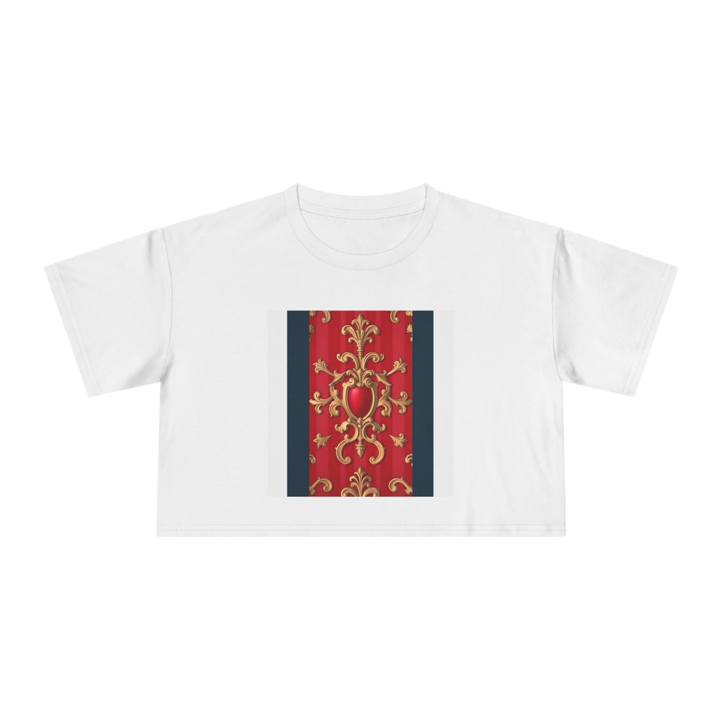 Women's Vintage Floral Crop Tee, Casual Summer Top, Bohemian Fashion, Trendy T-Shirt, Vacation Outfit - Blue, Red & White Striped Baroque