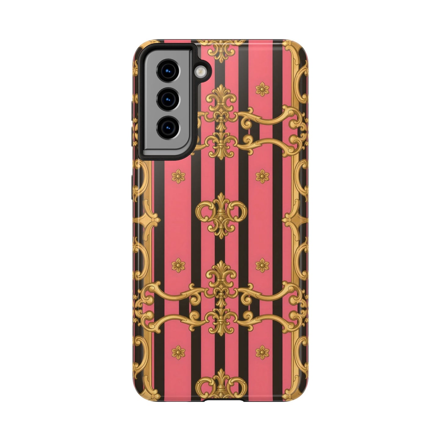 Elegant Baroque Tough Phone Cases, Stylish Protection, Gift for Her, Trendy Accessory - Pink & Black Striped Gold Baroque