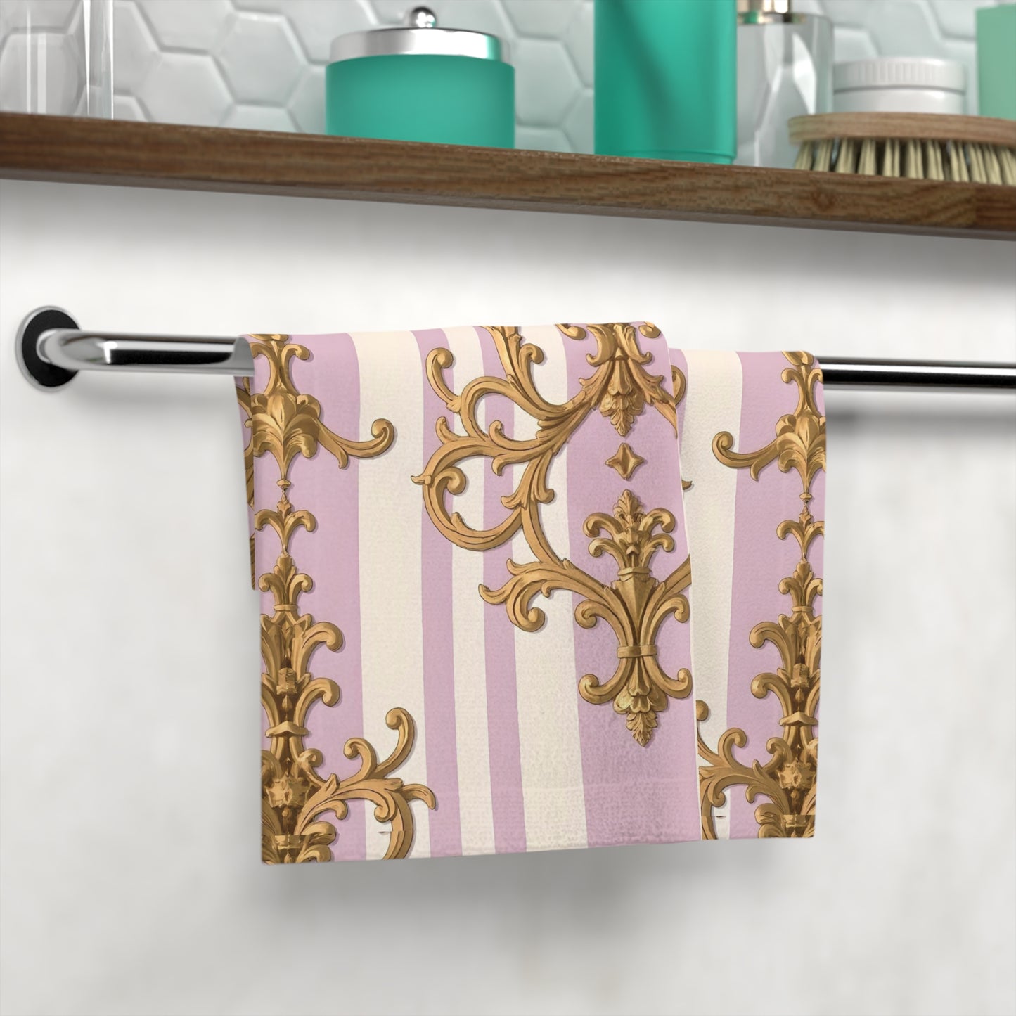 Elegant Floral Face Towel - Luxurious Spa Gift, Bathroom Decor, Home Essentials, Wedding Favors, Self-Care - Lilac & Alabaster Striped Gold Baroque