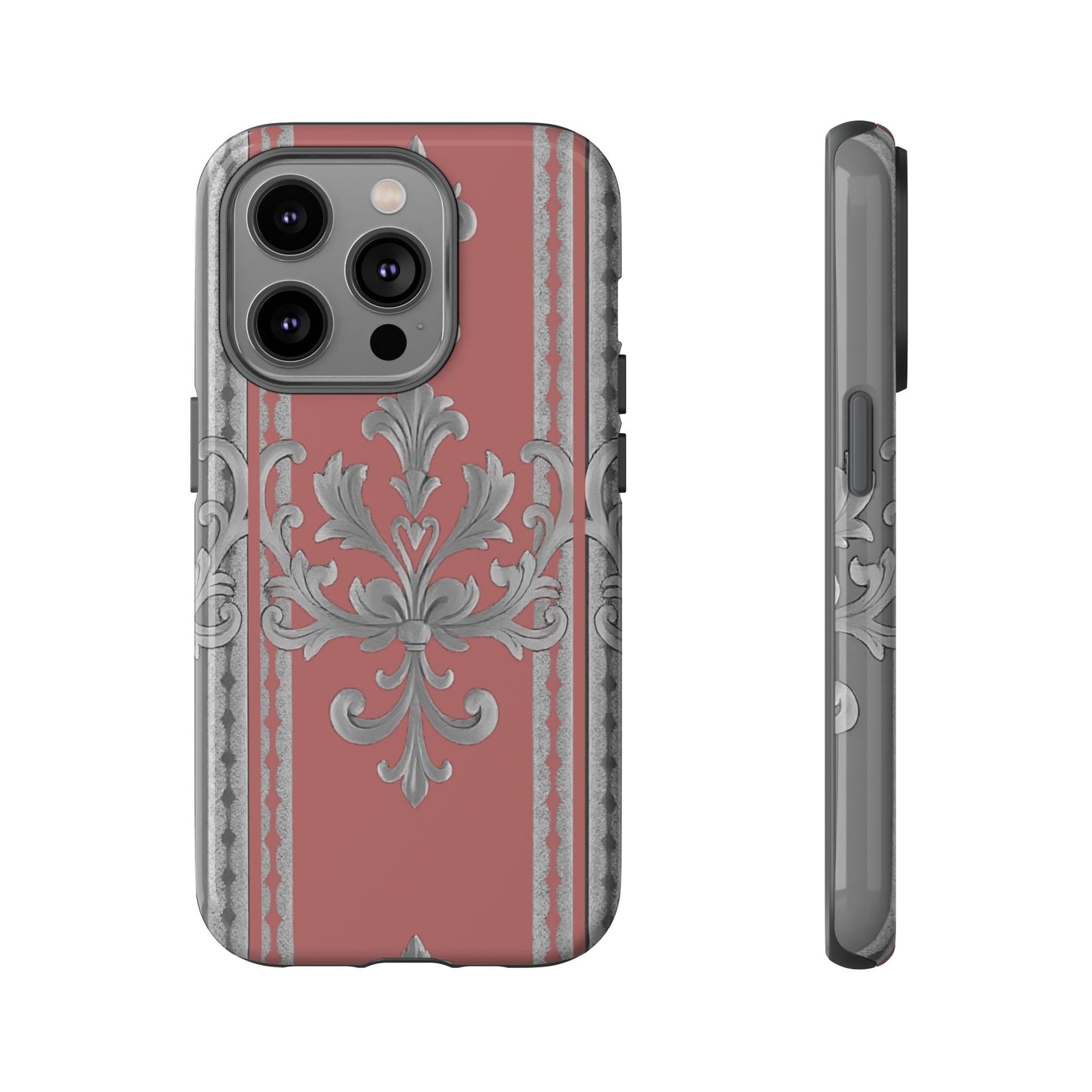 Elegant Floral Phone Case - Tough Cases for Stylish Protection - Gray & Mauve Striped Baroque