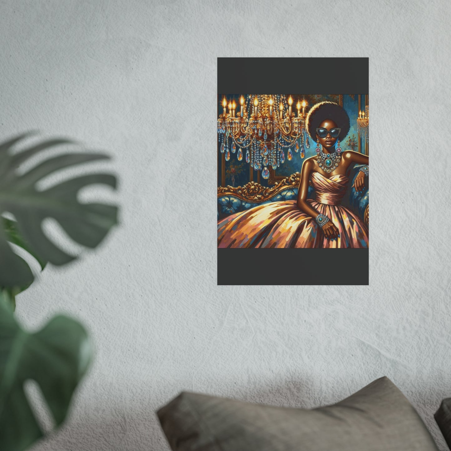 Elegant Glamour Satin Poster, Wall Art Decor, Modern Home Gallery, Gift for Art Lovers, Chic Interior Decoration - Elegant Lady & Chandelier