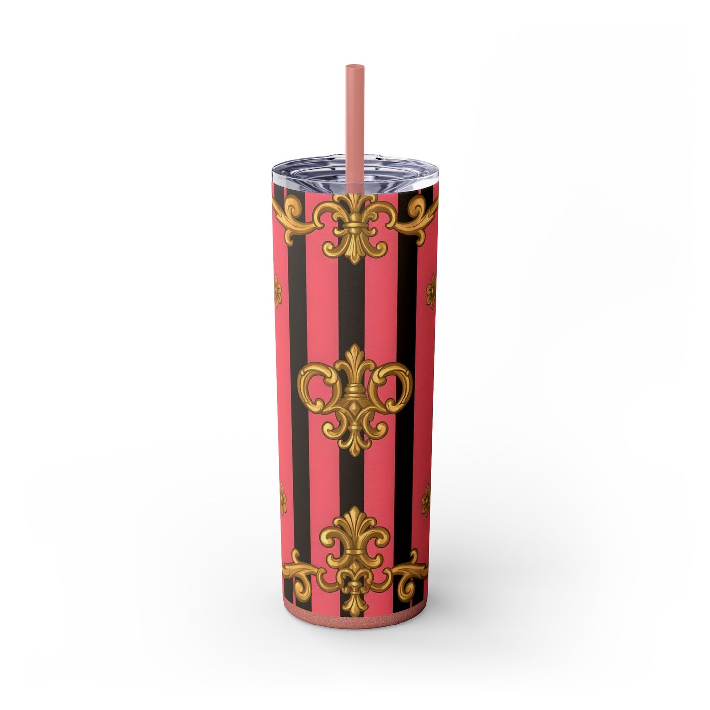 Chic Pink Striped Skinny Tumbler, 20oz | Elegant Travel Mug, Perfect Gift for Birthdays - Pink & Black Striped Gold Baroque