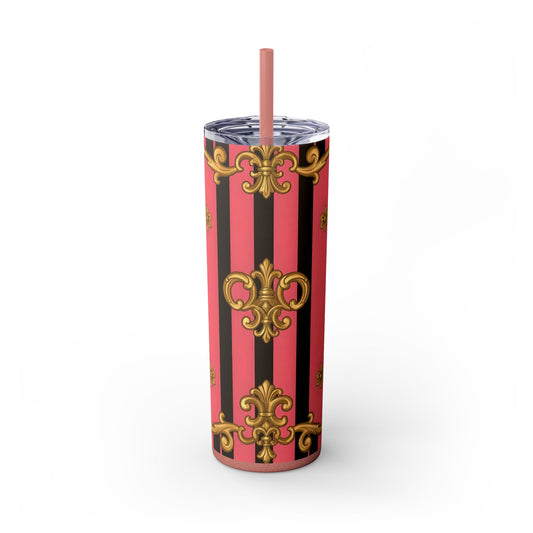 Chic Pink Striped Skinny Tumbler, 20oz | Elegant Travel Mug, Perfect Gift for Birthdays - Pink & Black Striped Gold Baroque