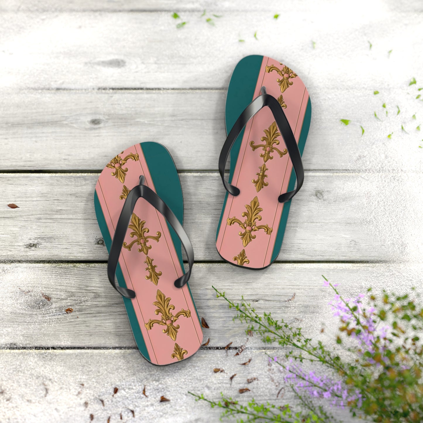 Chic Floral Flip Flops, Summer Sandals, Beach Footwear, Vacation Slides, Stylish Summer Accessories - Pink & Teal Striped Gold Baroque