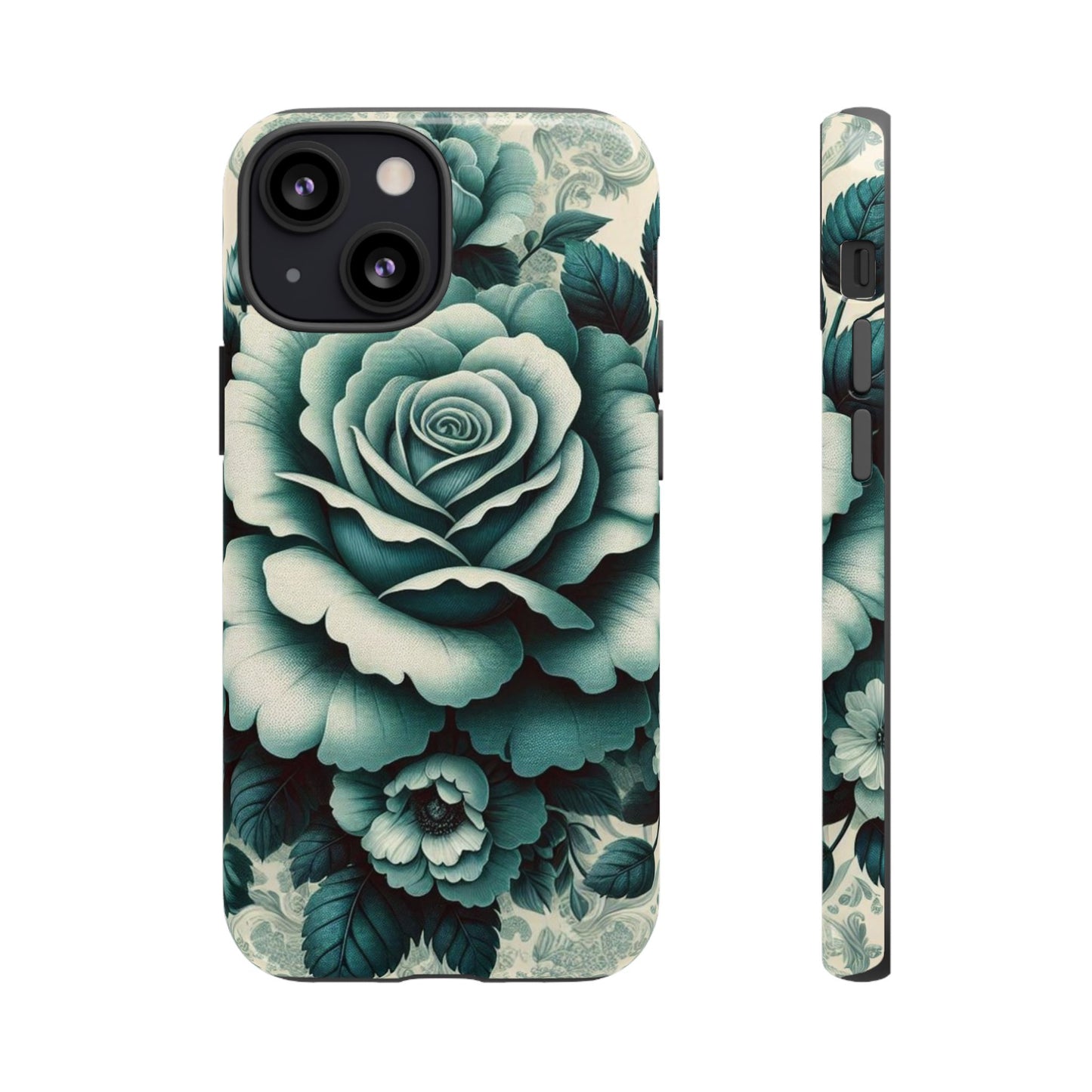 Elegant Floral Motif Phone Case - Tough Cases with Vintage Design - Teal Roses & Damask