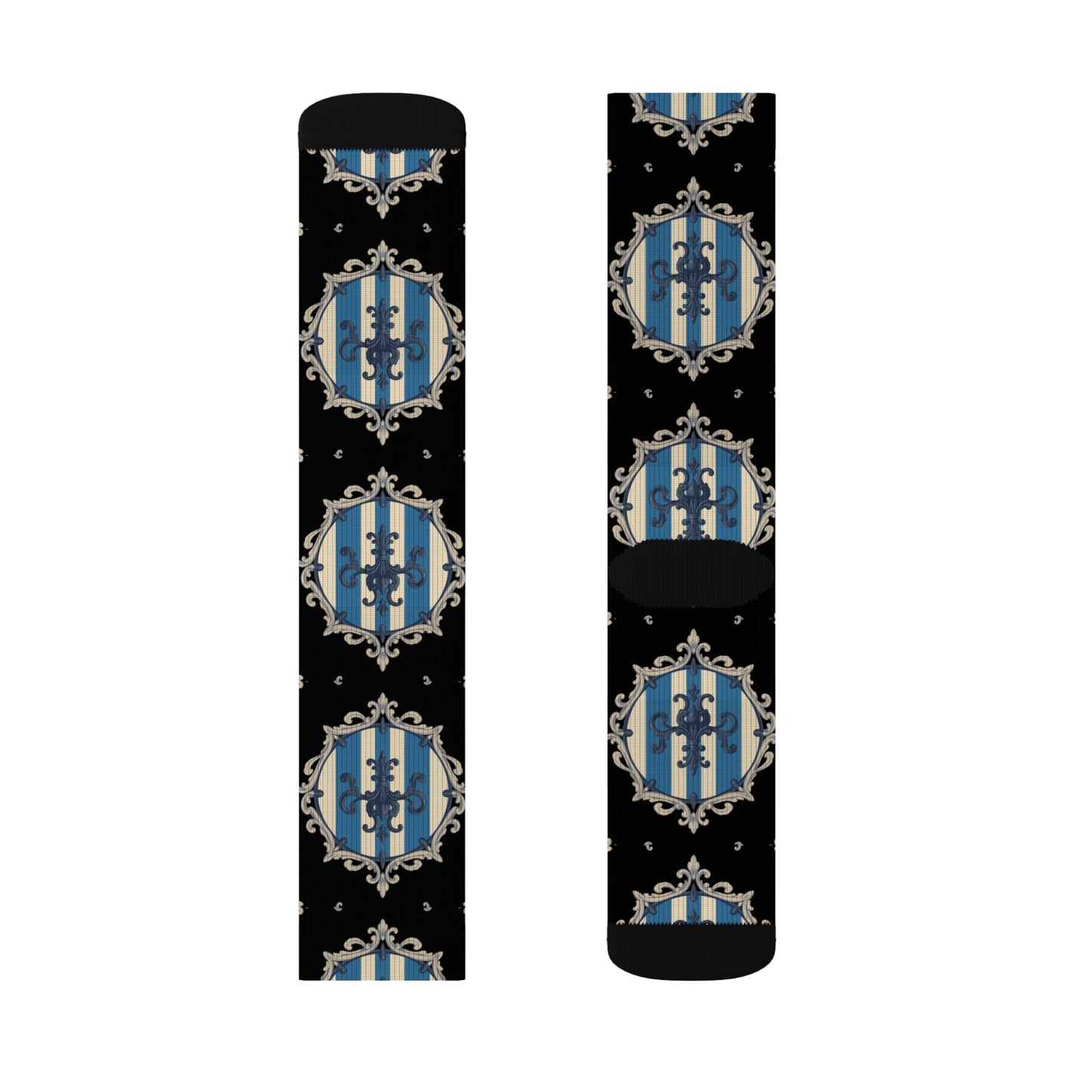 Chic Blue & Alabaster Striped Baroque Patterned Socks for Cozy Fashion, Sublimation Socks, Unique Gift for Her, Stylish Wardrobe Addition