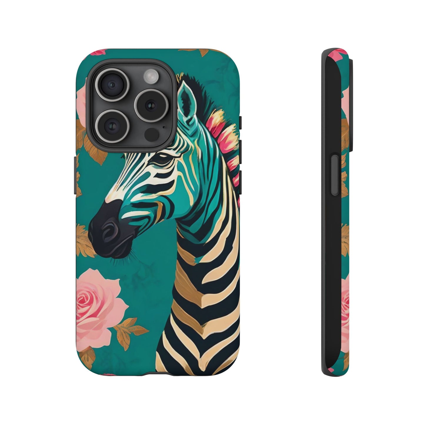 Phone Case - Elegant Teal & Gold Zebra & Roses Design