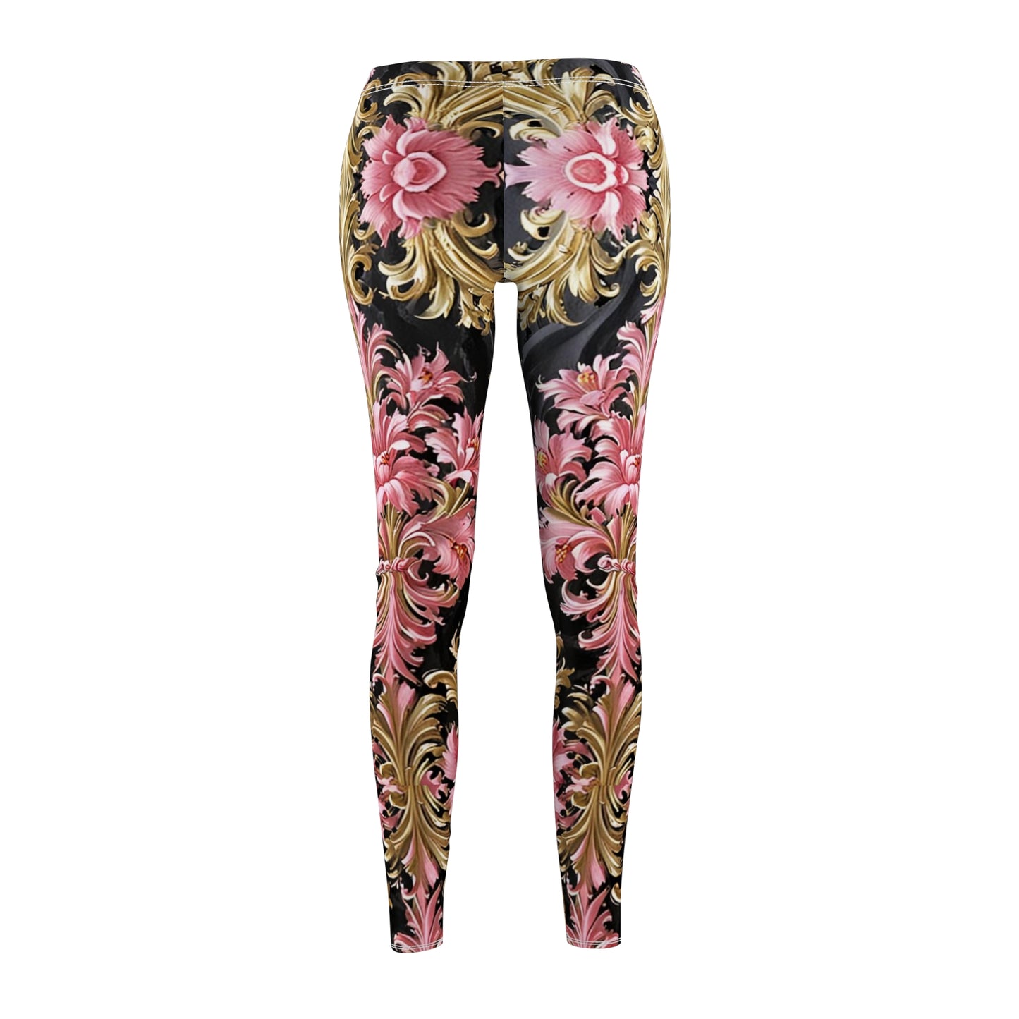 Floral Elegance Leggings - Stylish Printed Activewear, Casual Yoga Pants, Running Tights, Gift for Her - Black & Pink Oil Painting Style Rococo