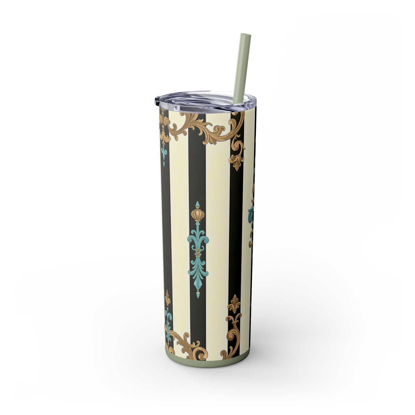 Elegant Stripe Skinny Tumbler | 20oz | Ideal Gift for Home, Office, Travel, Party, or Everyday Use - Black Striped Turquoise & Black Rococo