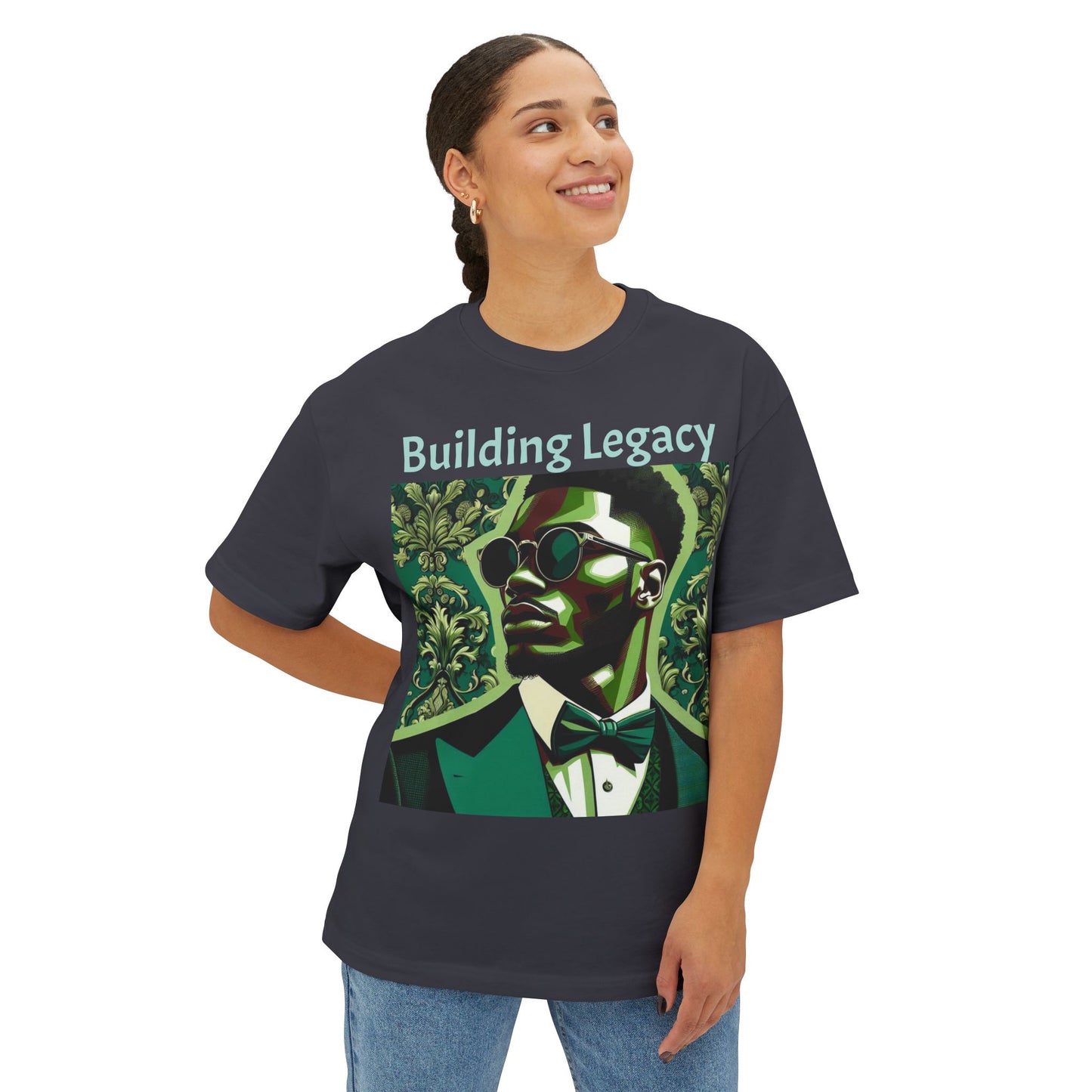 Stylish Oversized Tee, Building Legacy Graphic Tee, Unisex T-Shirt, Fashionable Casual Wear, Gift for Him/Her/Occasions - Matte Green Letters