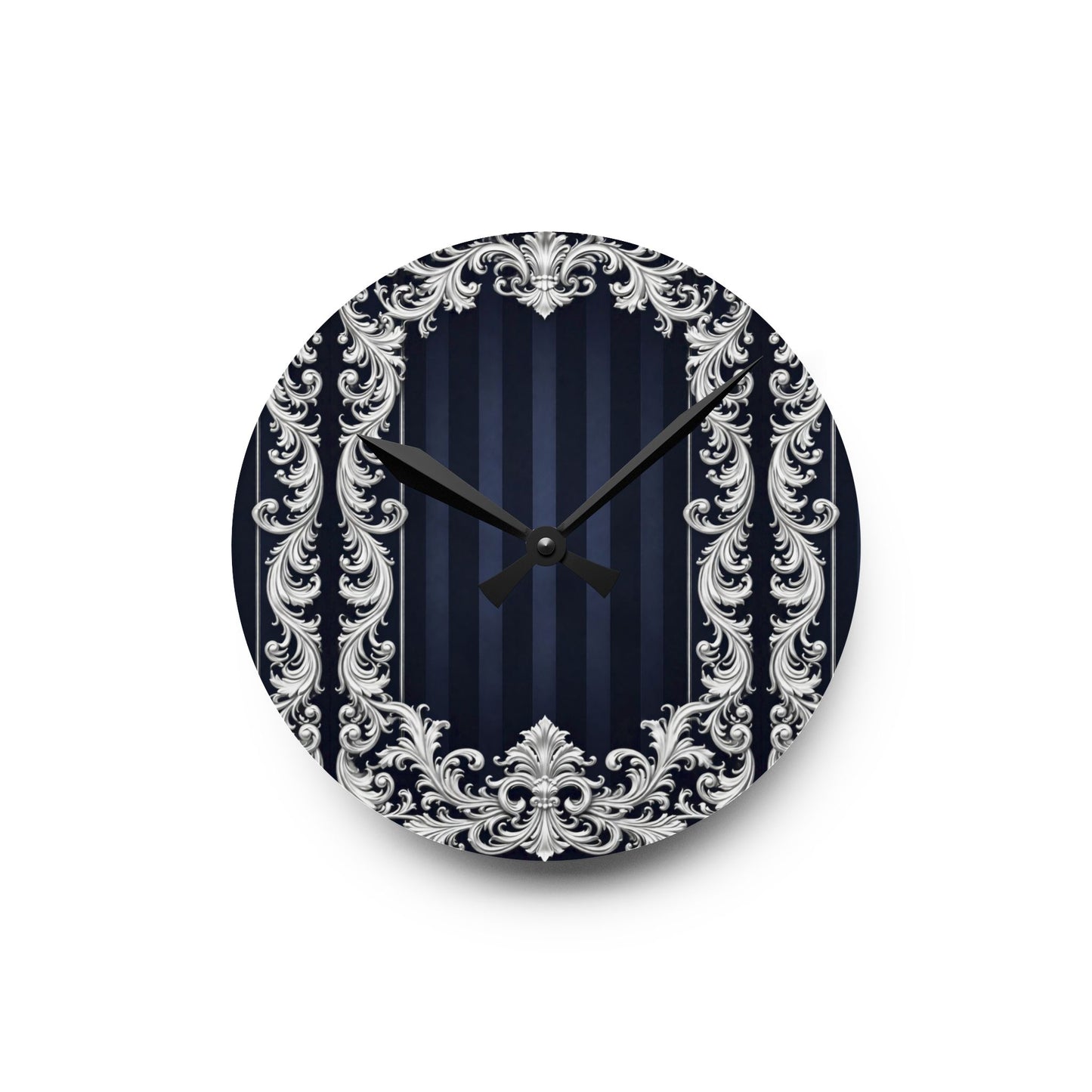Vintage Baroque Acrylic Wall Clock — Navy Stripes & Baroque Silver Frame